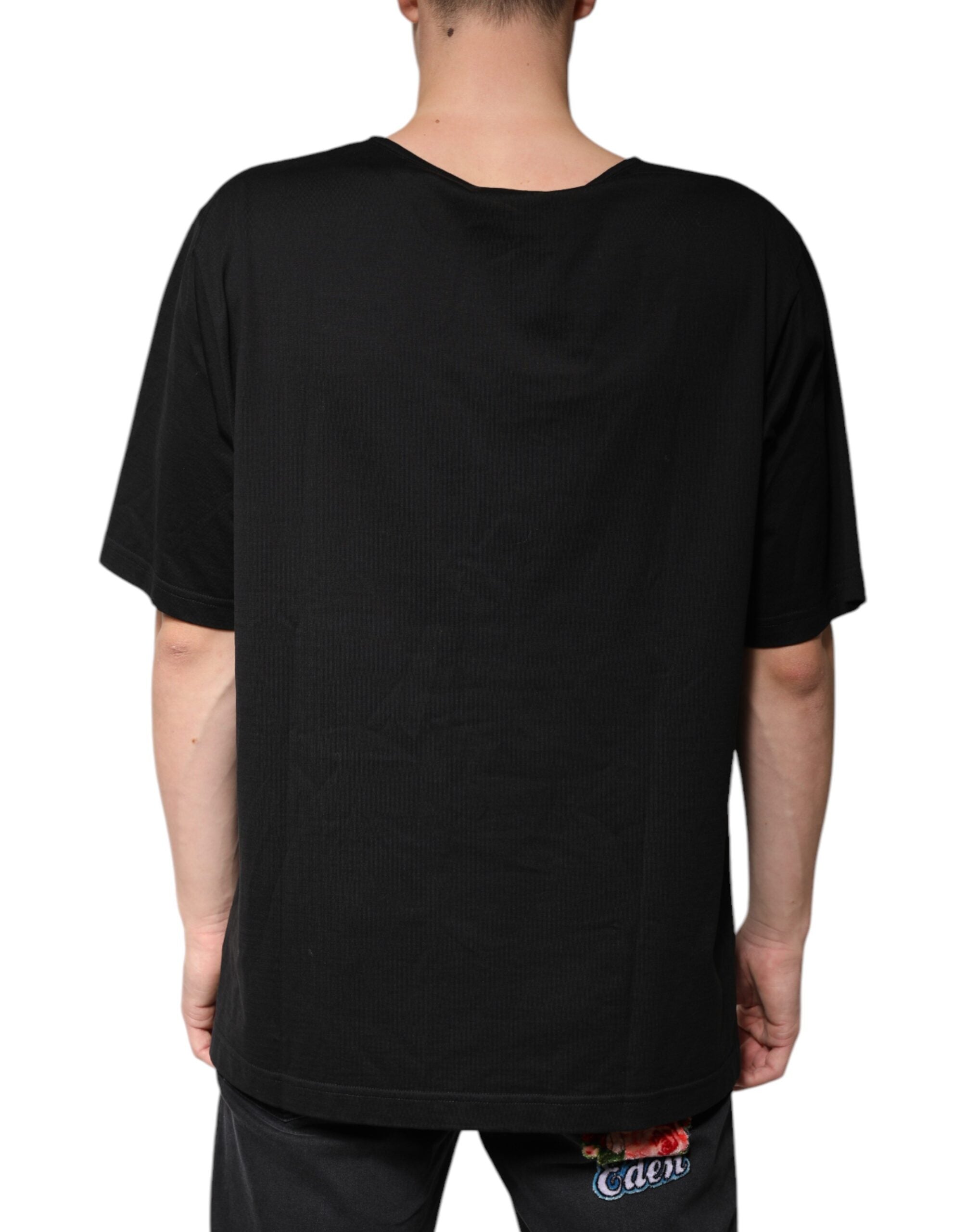 Dolce & Gabbana – Schwarzes T-Shirt aus Baumwolle mit V-Ausschnitt und kurzen Ärmeln