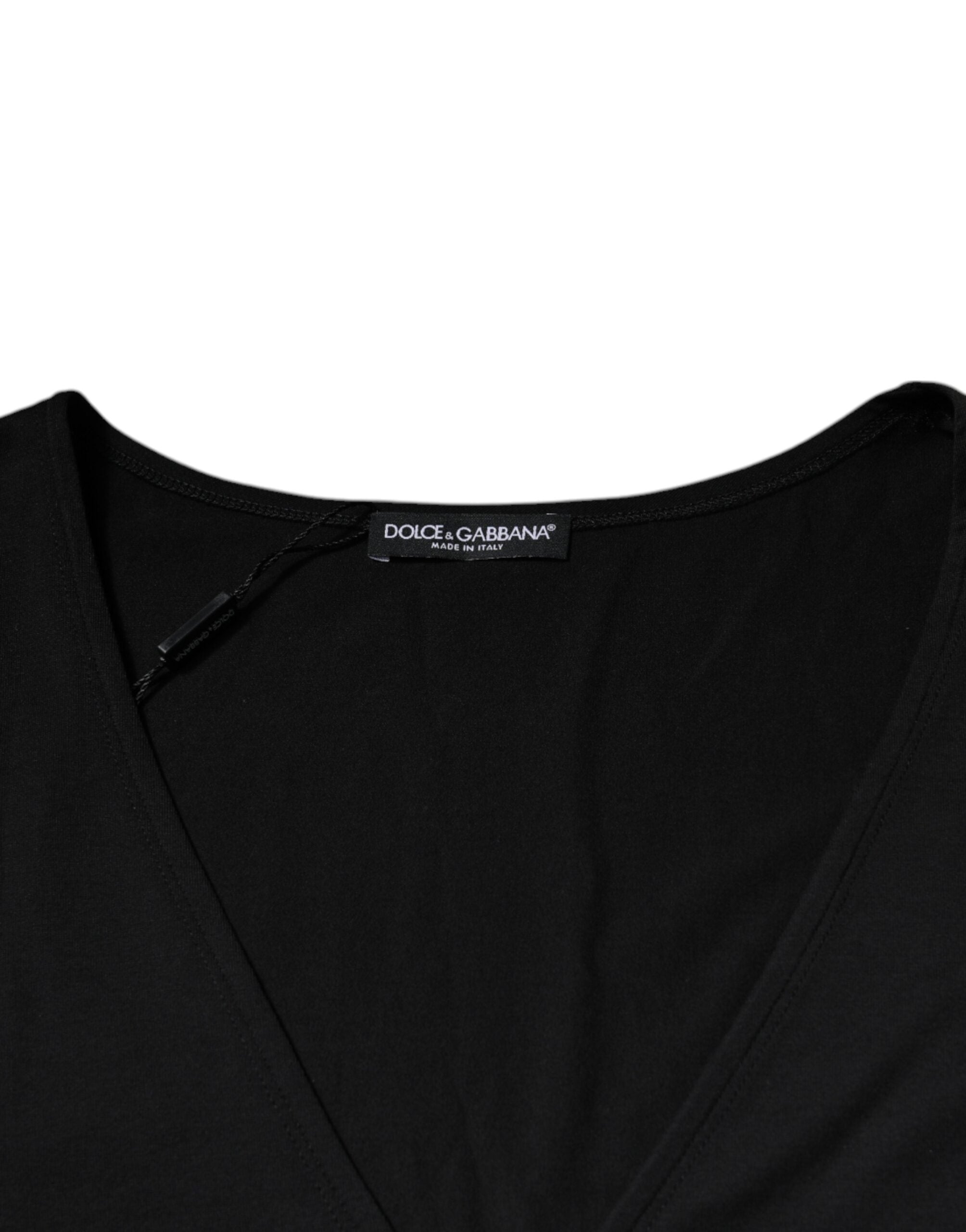 Dolce & Gabbana – Schwarzes T-Shirt aus Baumwolle mit V-Ausschnitt und kurzen Ärmeln
