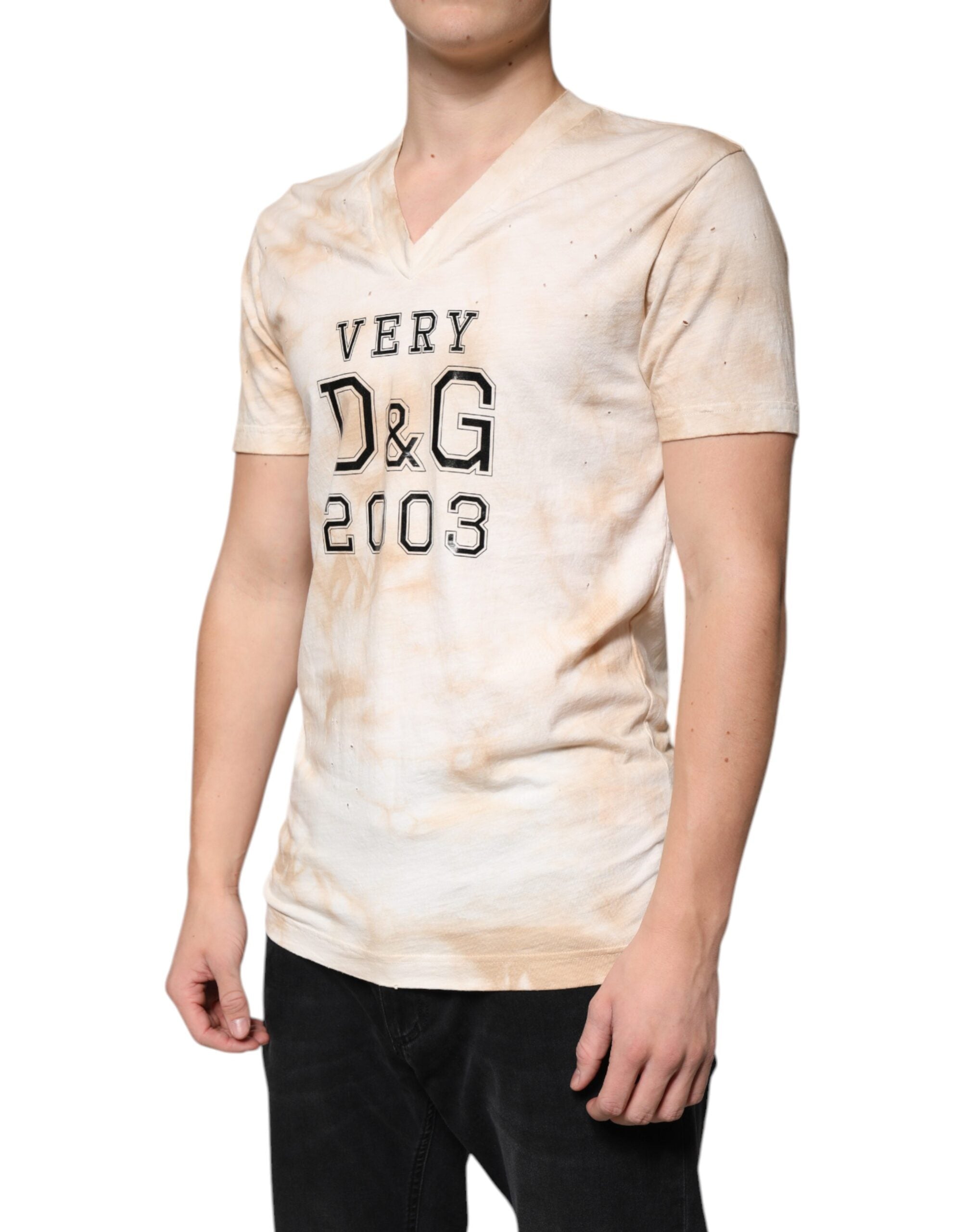 Tricou Dolce & Gabbana bej cu imprimeu grafic și decolteu în V din bumbac