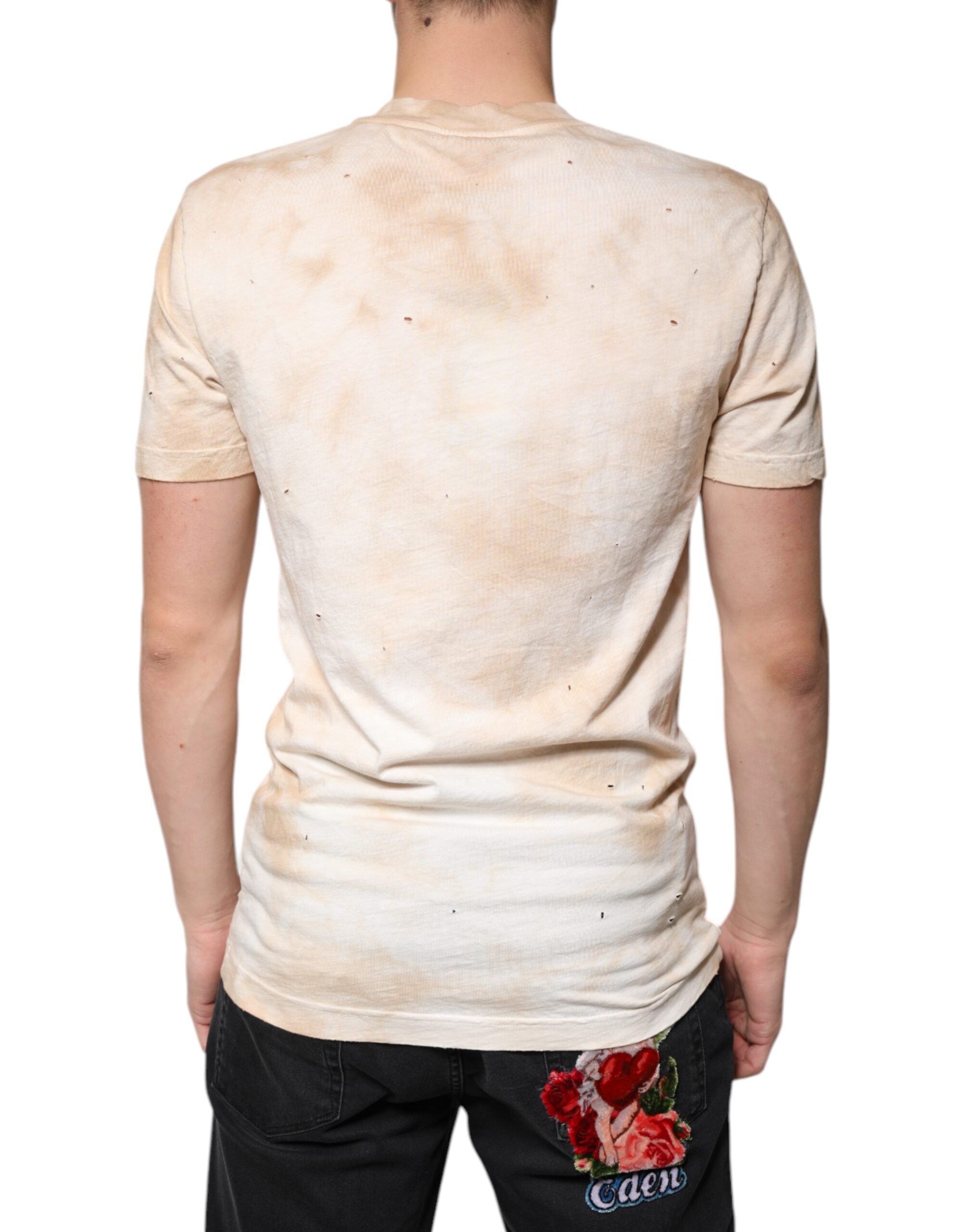 Tricou Dolce & Gabbana bej cu imprimeu grafic și decolteu în V din bumbac