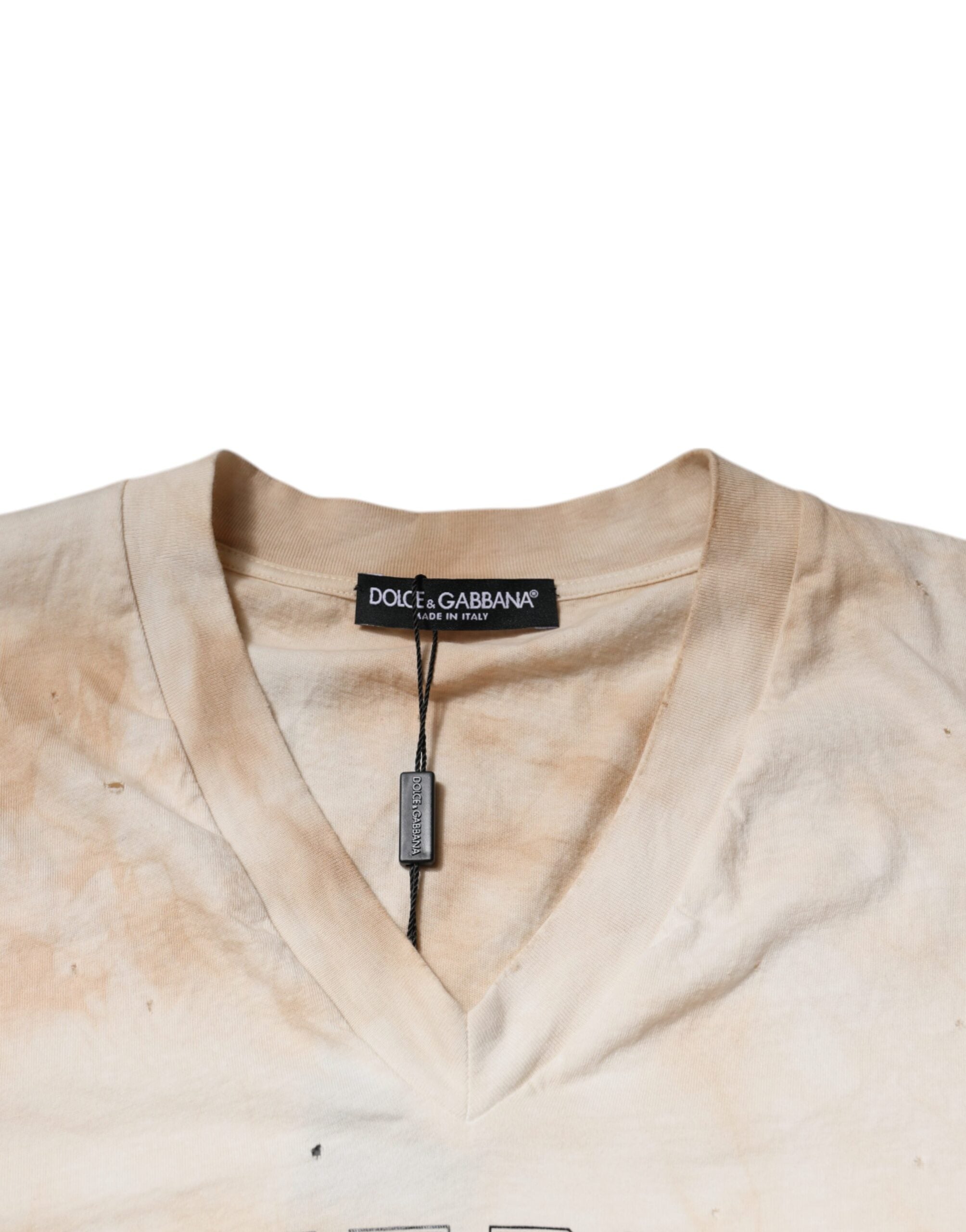 Tricou Dolce & Gabbana bej cu imprimeu grafic și decolteu în V din bumbac