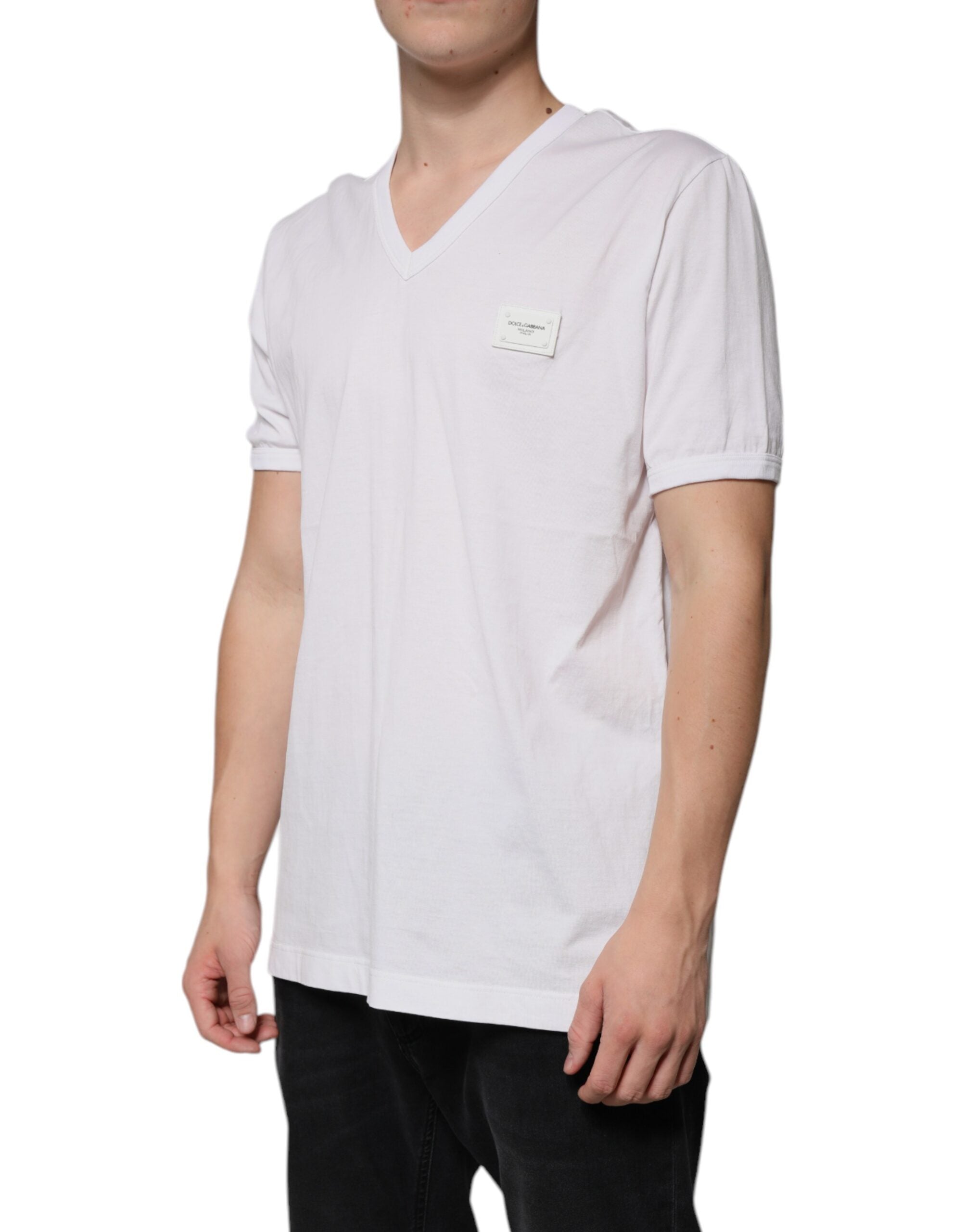 Dolce & Gabbana – Weißes, kurzärmliges T-Shirt mit V-Ausschnitt und Logo