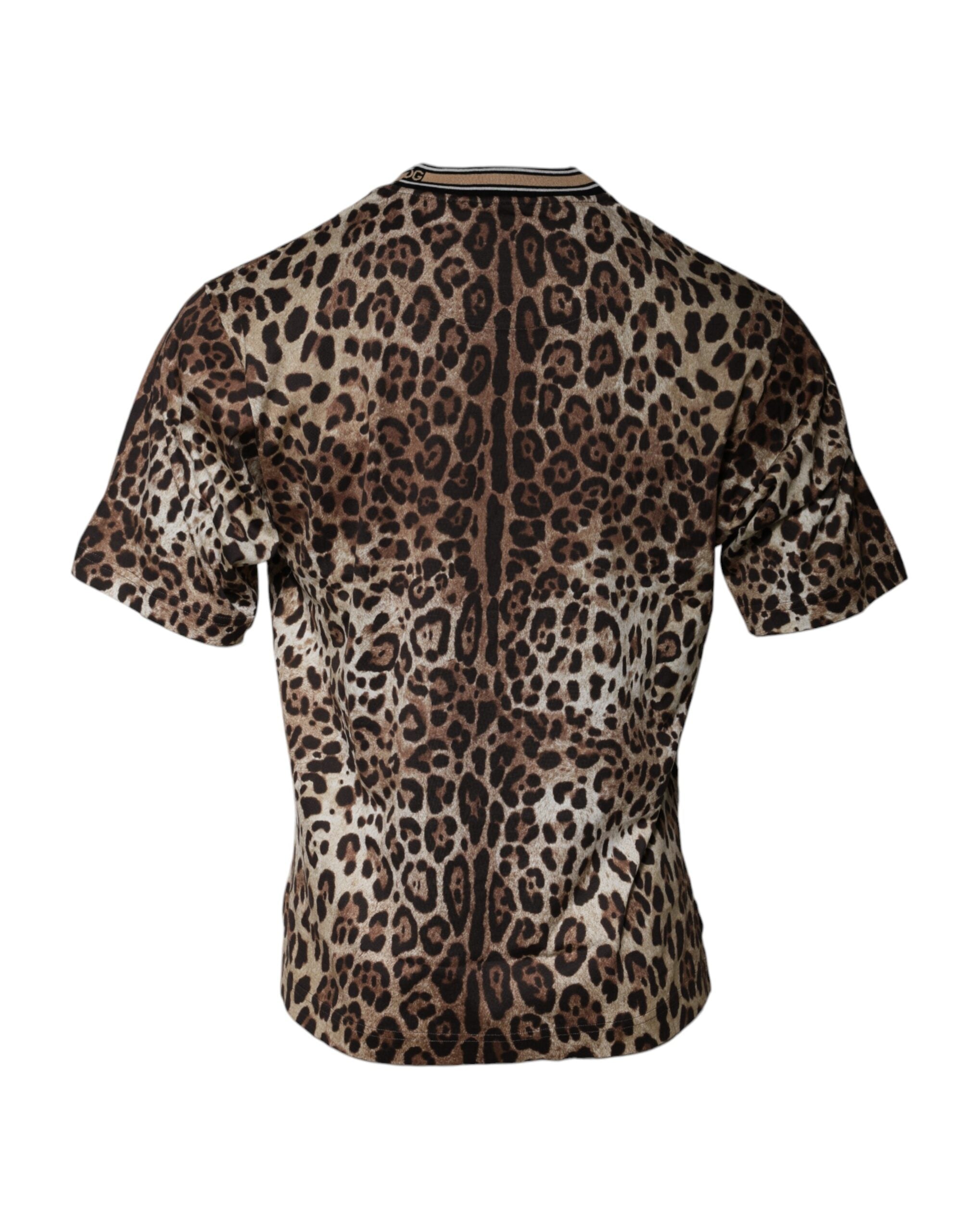 Tricou Dolce & Gabbana maro cu mânecă scurtă și guler rotund cu imprimeu leopard