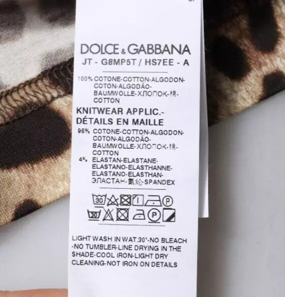 Tricou Dolce & Gabbana maro cu mânecă scurtă și guler rotund cu imprimeu leopard