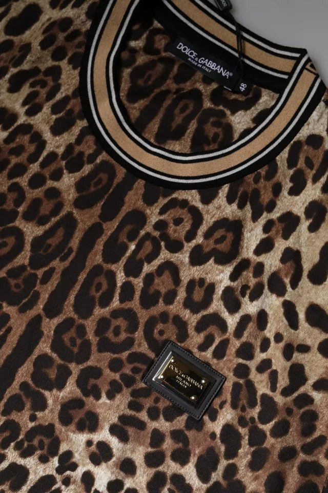 Tricou Dolce & Gabbana maro cu mânecă scurtă și guler rotund cu imprimeu leopard