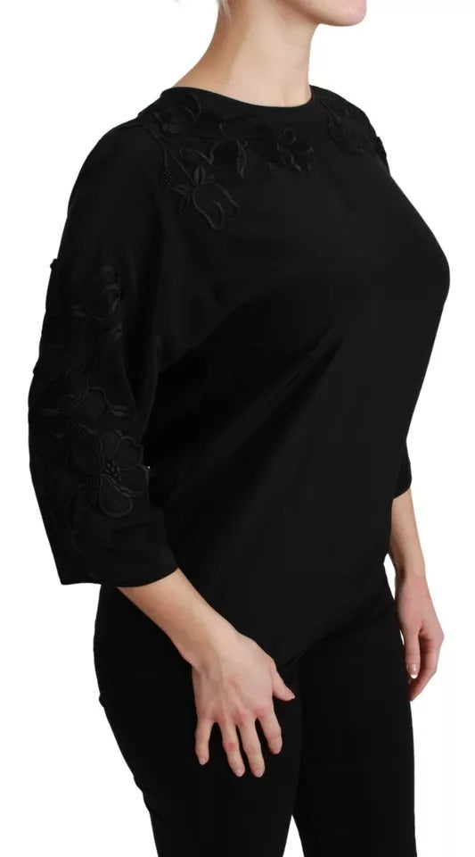 Bluză Dolce & Gabbana neagră cu broderie florală din mătase