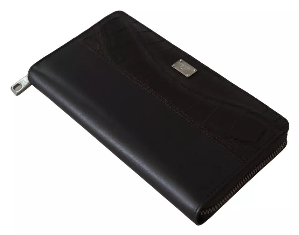 Portofel tip clutch continental Dolce & Gabbana din piele exotică maro cu fermoar
