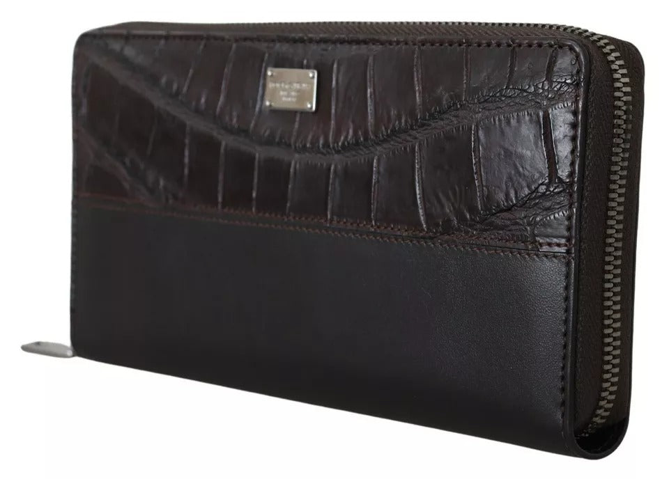 Portofel tip clutch continental Dolce & Gabbana din piele exotică maro cu fermoar