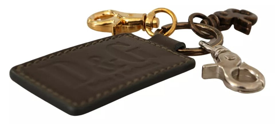 Breloc Dolce & Gabbana din piele verde cu inel metalic cu cârlig și logo D&G