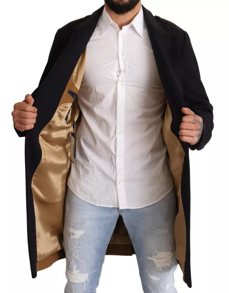 Trench lung din lână elastică Dolce & Gabbana albastru
