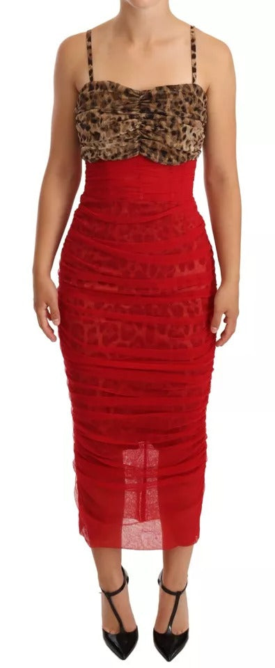 Rochie midi Dolce & Gabbana din tul roșu cu imprimeu leopard maro