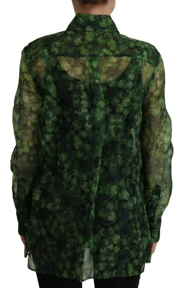 Bluză Dolce & Gabbana cu guler și mâneci lungi și imprimeu trifoi verde