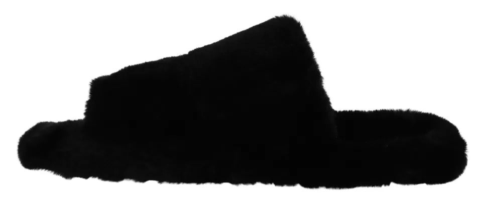 Dolce & Gabbana Schwarze Polyester Kunstfell Herren Flache Sandalen Schuhe