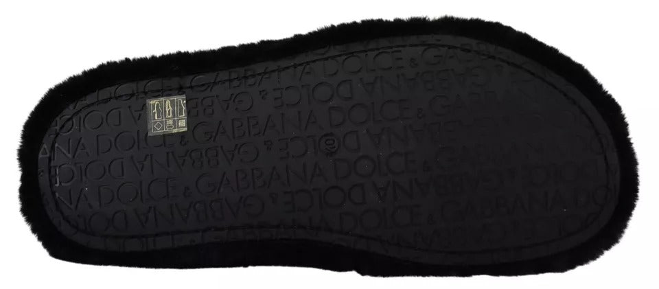 Dolce & Gabbana Schwarze Polyester Kunstfell Herren Flache Sandalen Schuhe