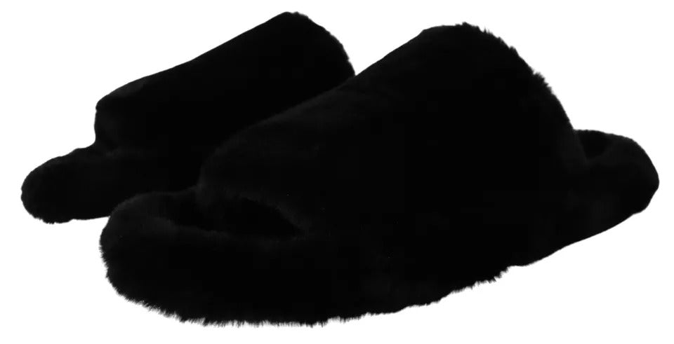 Dolce & Gabbana Schwarze Polyester Kunstfell Herren Flache Sandalen Schuhe