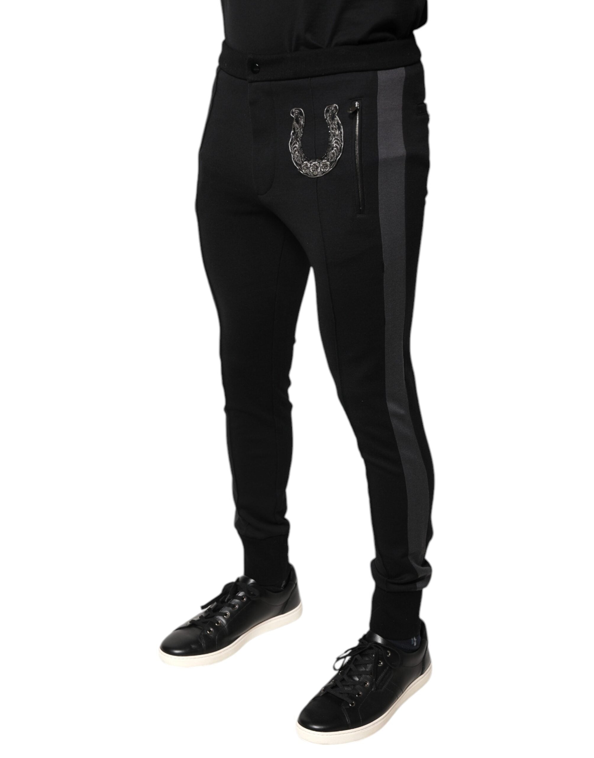 Dolce & Gabbana – Schwarze Slim-Fit-Hose aus Wolle mit Hufeisenverzierung