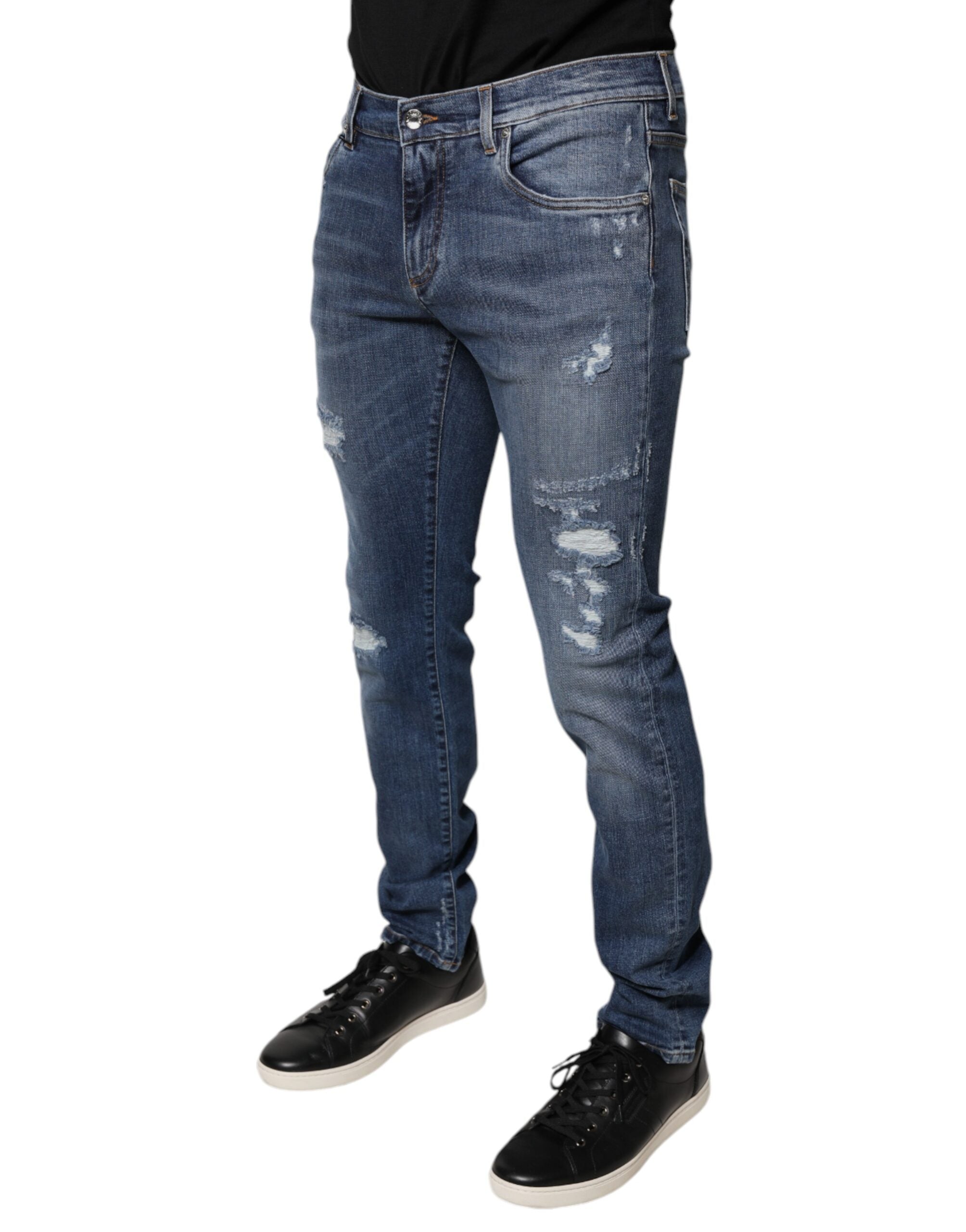 Dolce & Gabbana – Blaue Skinny-Jeans aus zerfetztem Baumwollstretch