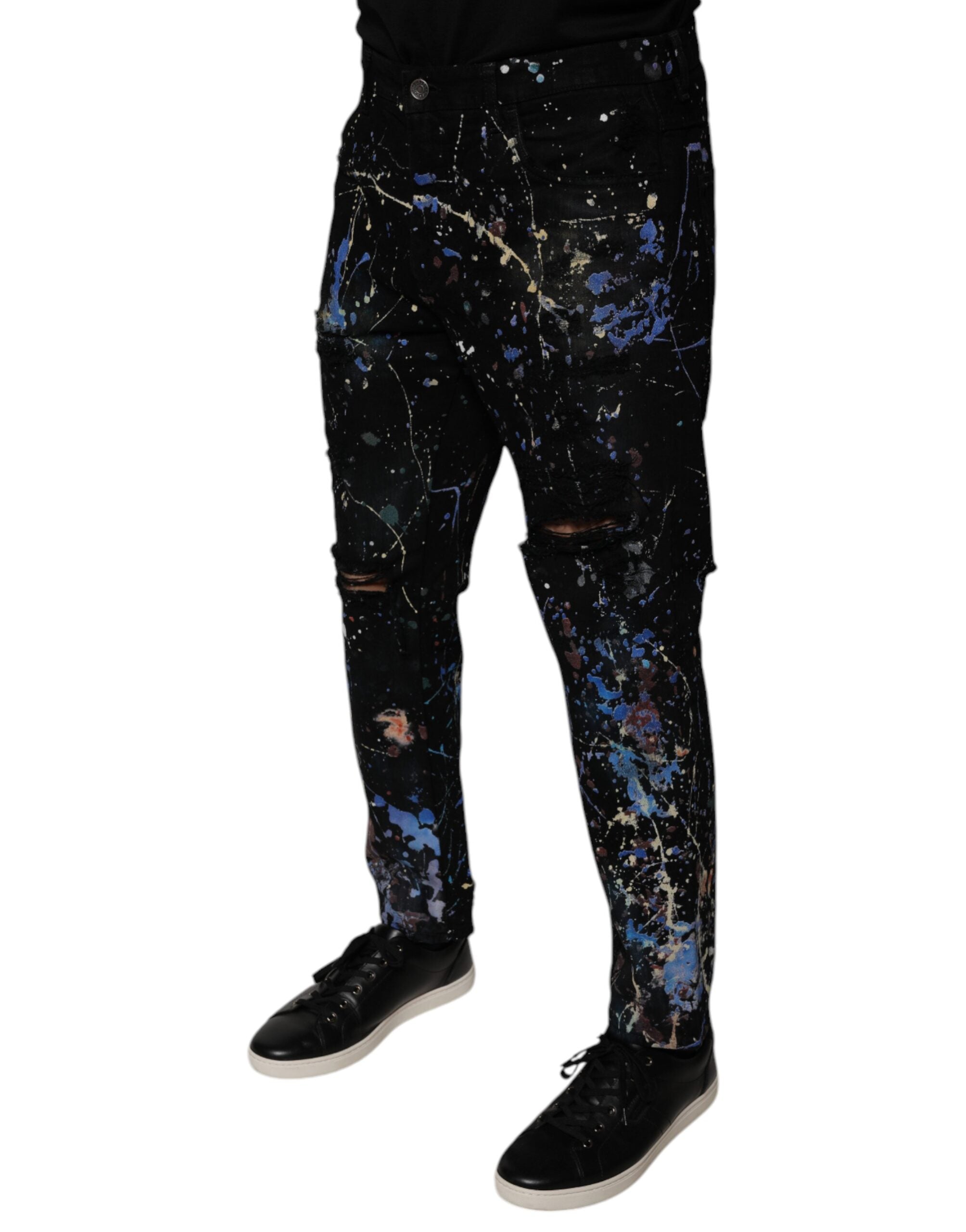 Blugi skinny din denim din bumbac cu stropi de culoare neagră Dolce & Gabbana
