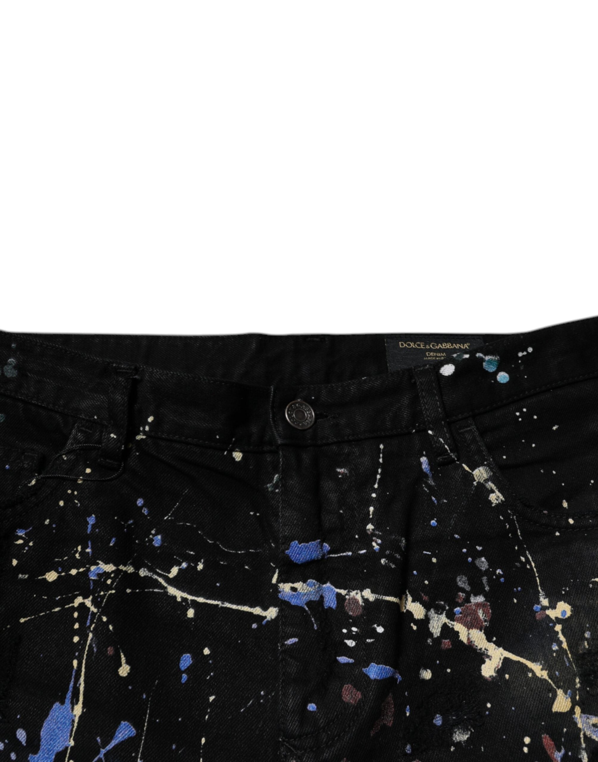 Blugi skinny din denim din bumbac cu stropi de culoare neagră Dolce & Gabbana