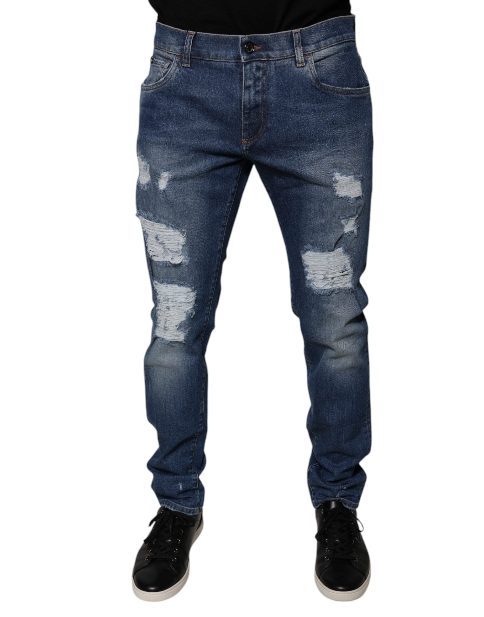 Blugi skinny Dolce & Gabbana din denim albastru, cu imprimeu zdrențuit