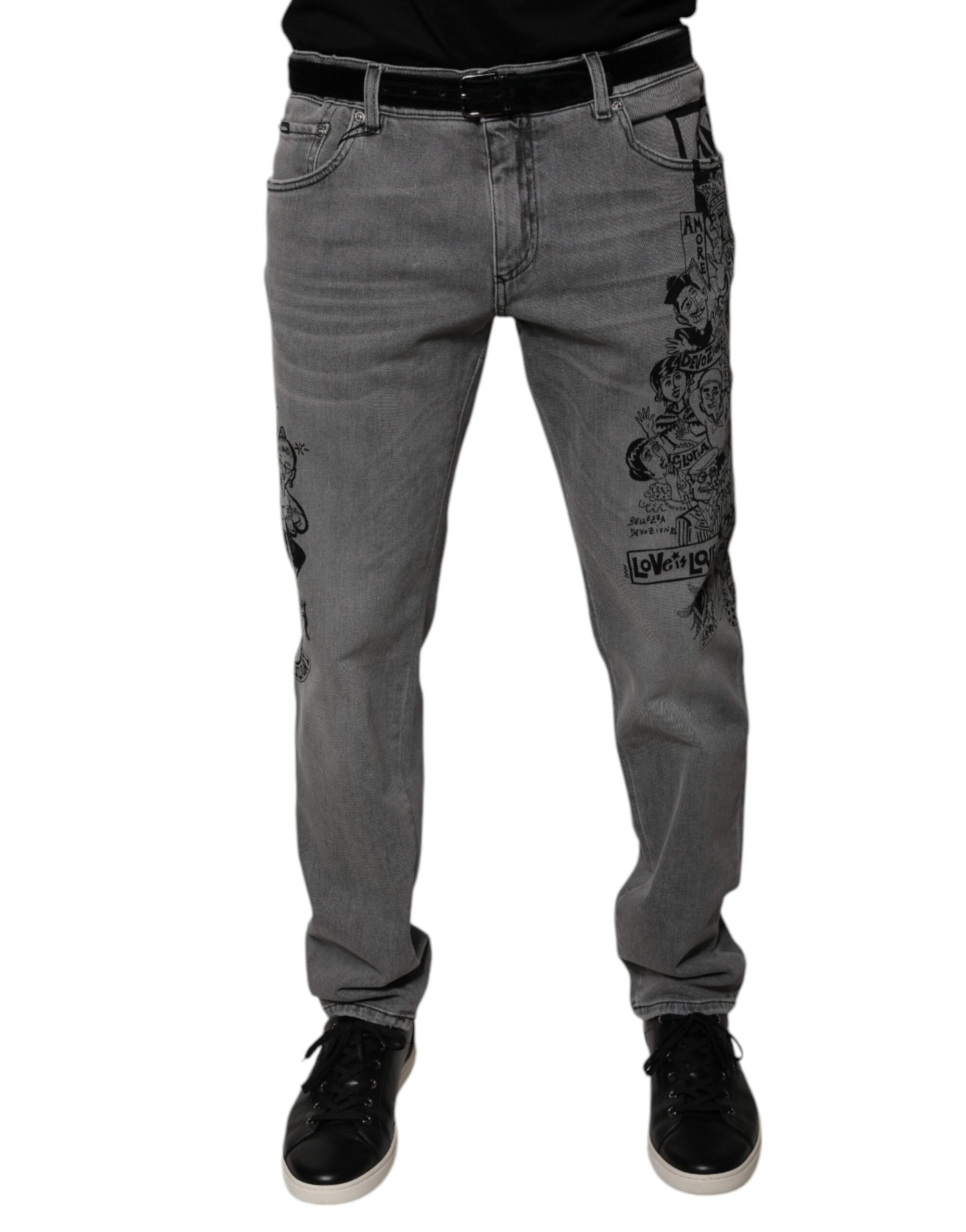 Blugi skinny din denim din bumbac cu imprimeu grafic gri Dolce & Gabbana