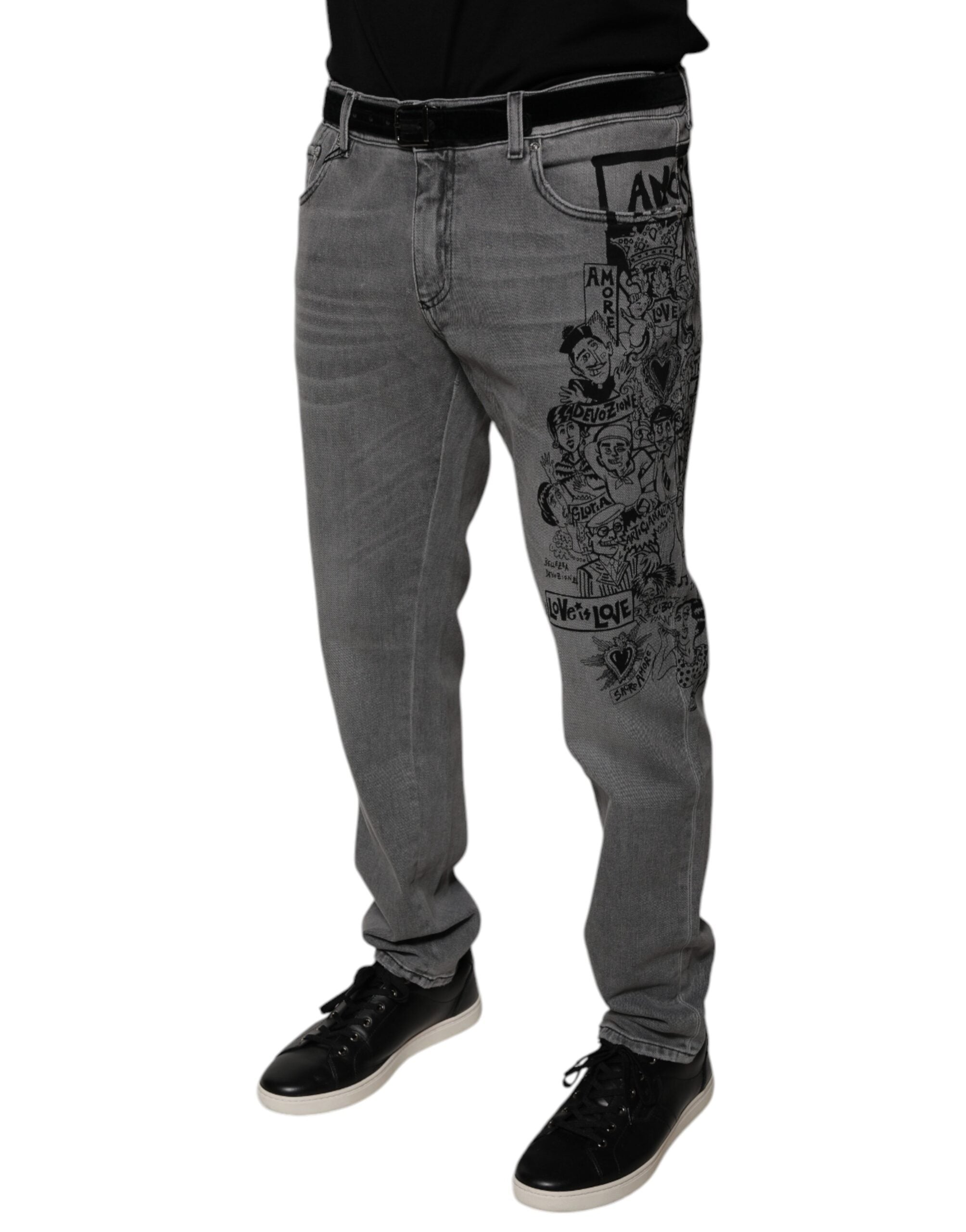 Blugi skinny din denim din bumbac cu imprimeu grafic gri Dolce & Gabbana