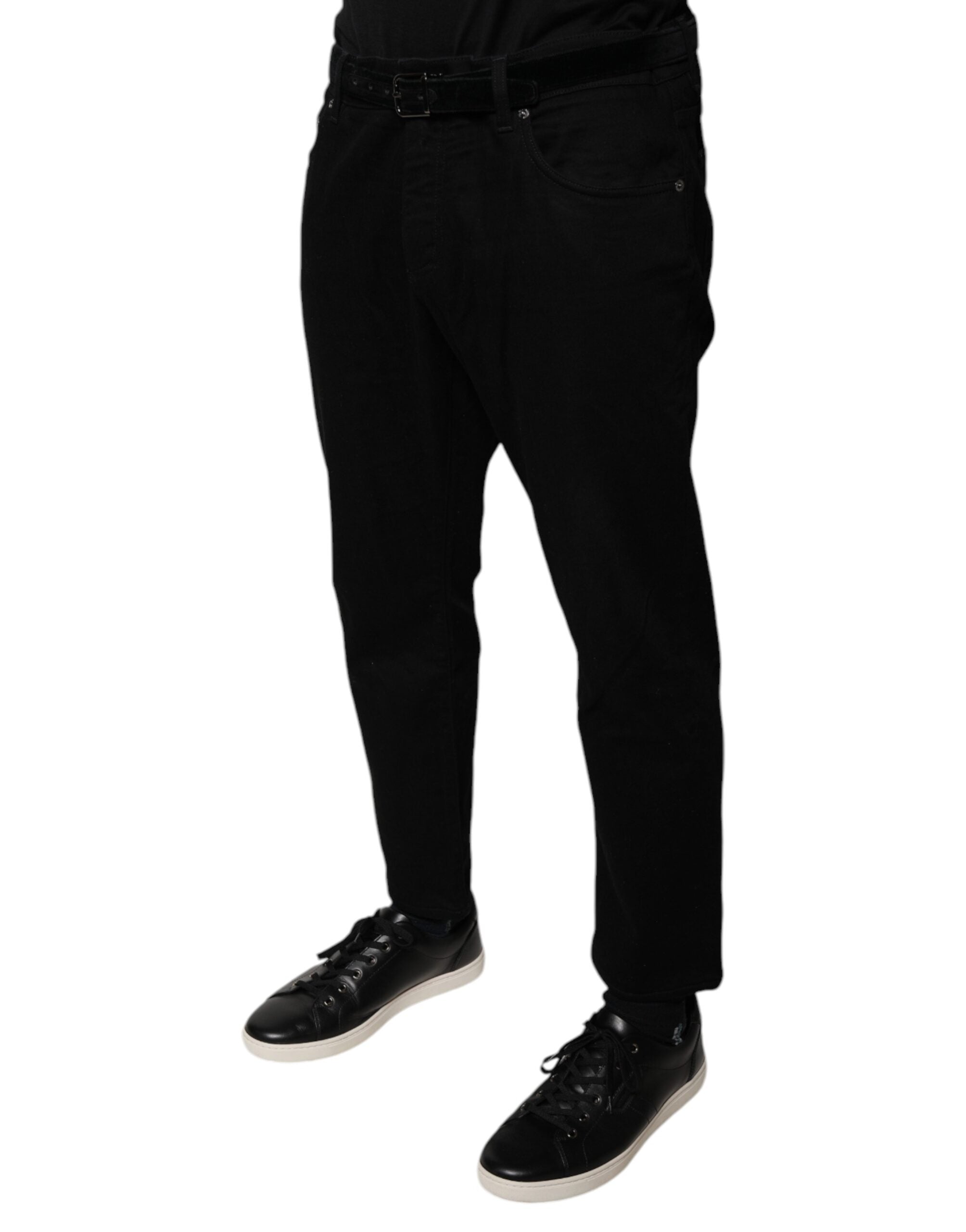 Blugi skinny din denim Dolce & Gabbana negri cu logo din bumbac elastic