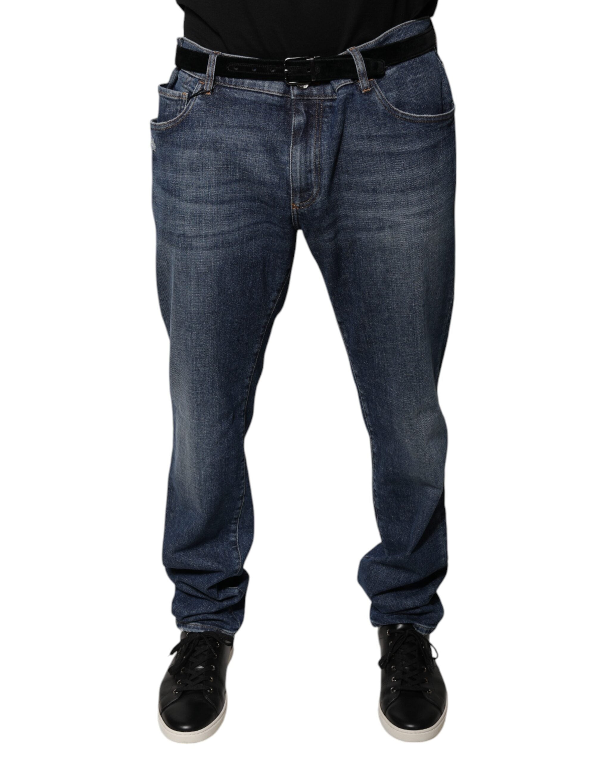 Blugi skinny din denim albastru închis cu logo din bumbac Dolce & Gabbana