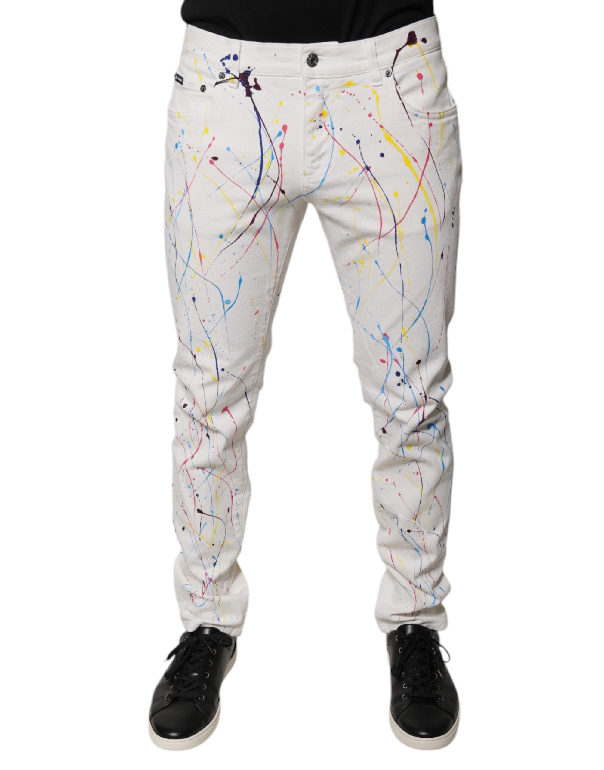 Dolce & Gabbana – Weiße Skinny-Jeans mit Farbspritzer-Print