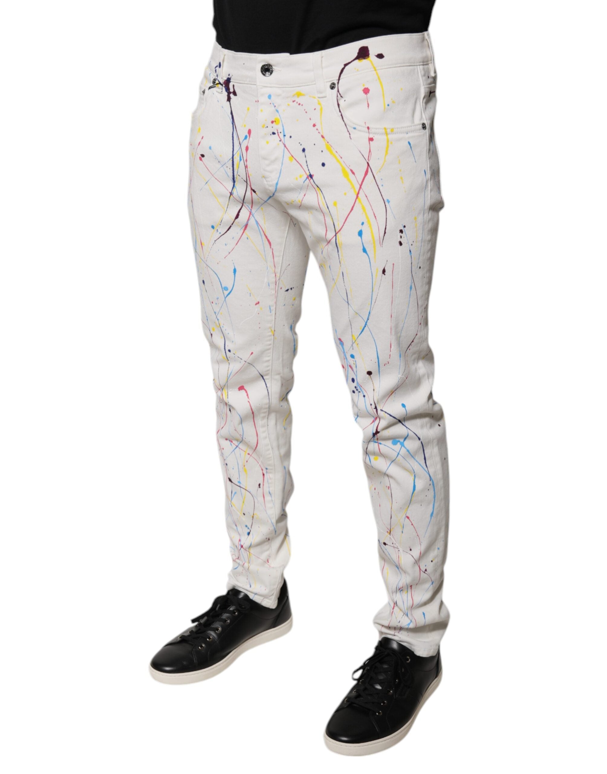 Dolce & Gabbana – Weiße Skinny-Jeans mit Farbspritzer-Print