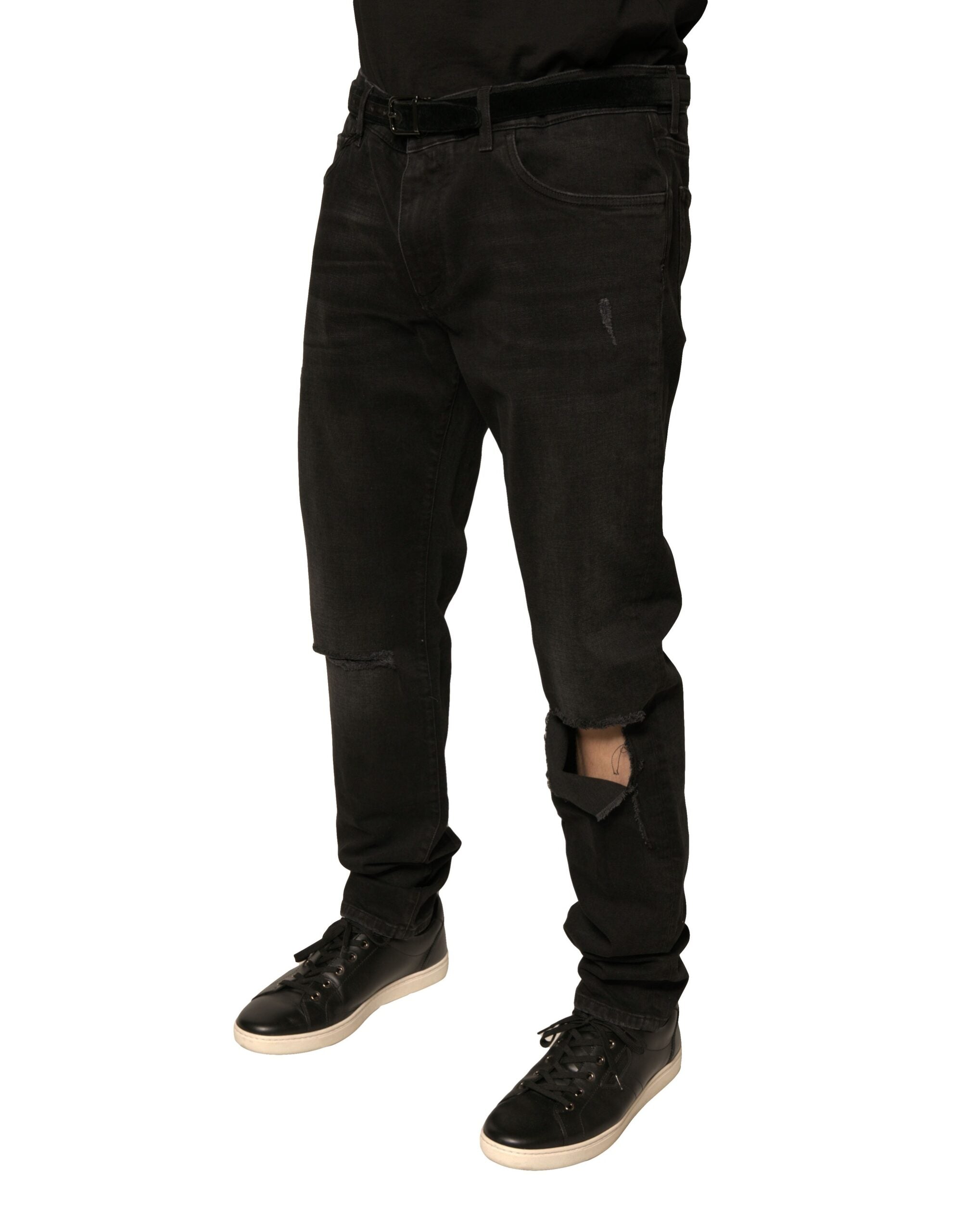 Dolce & Gabbana – Schwarze Skinny-Jeans aus Baumwolle mit Logo und Rissen