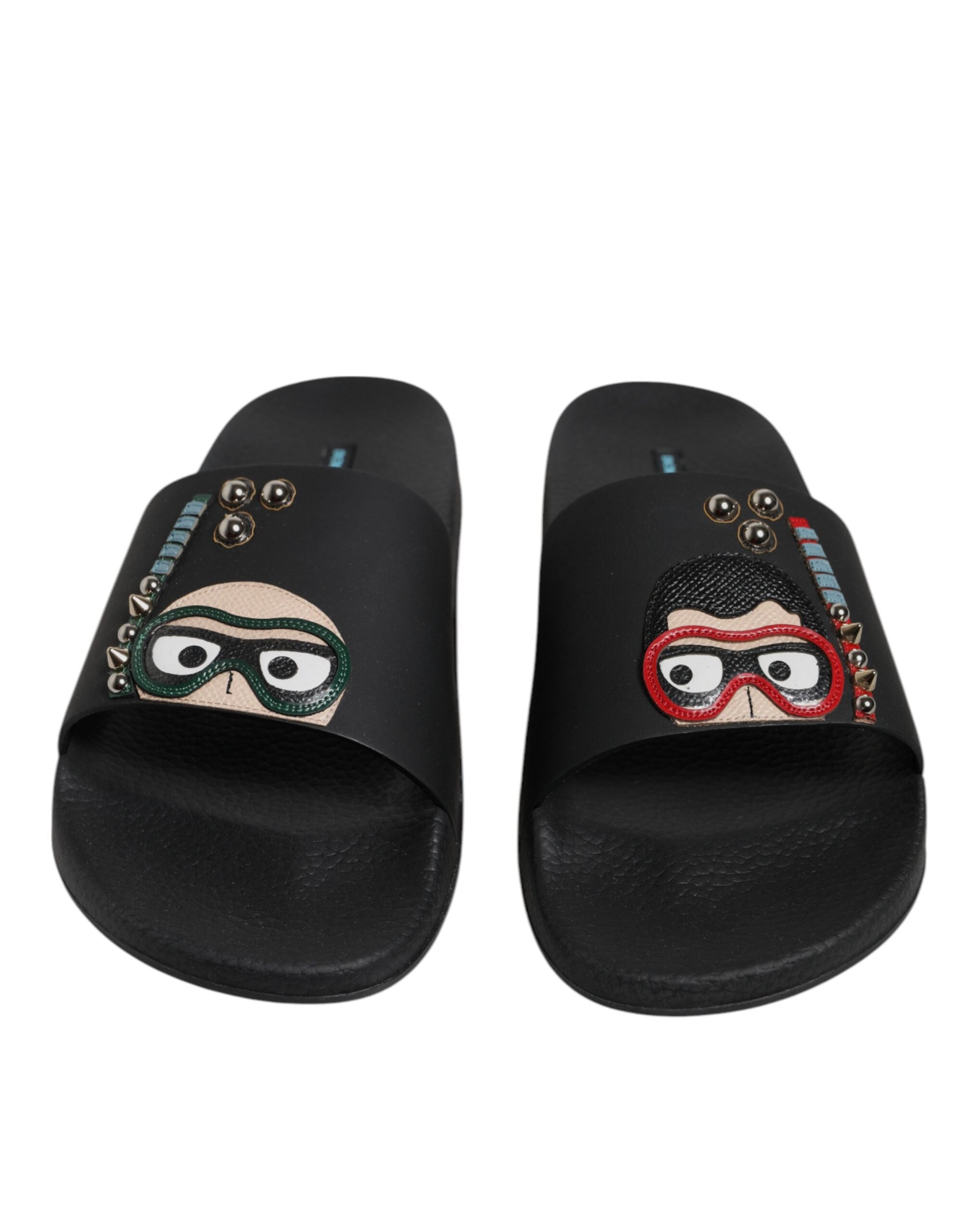 Dolce & Gabbana Schwarze Taucher Leder Flats Slides Sandalen Strandschuhe
