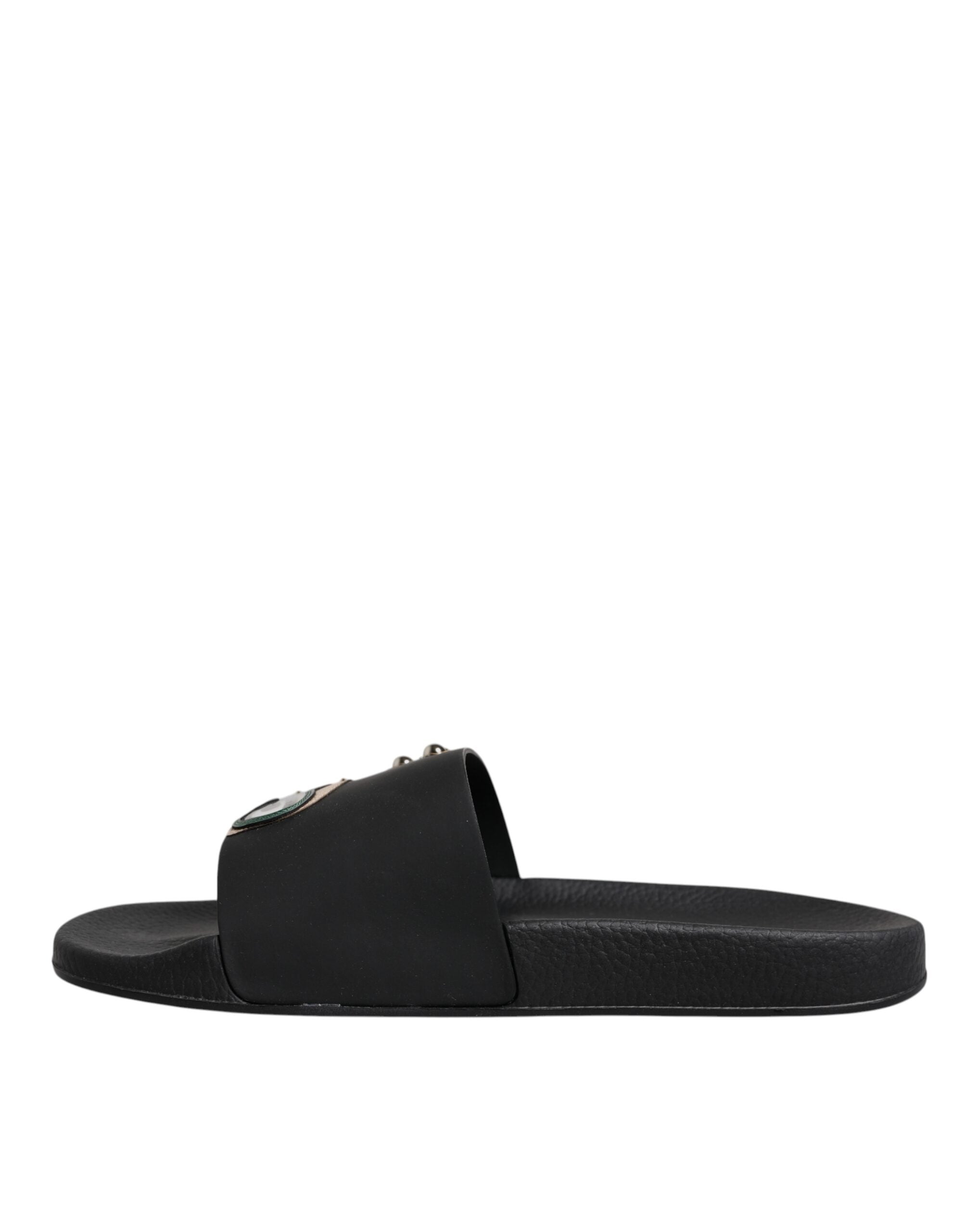 Dolce & Gabbana Schwarze Taucher Leder Flats Slides Sandalen Strandschuhe