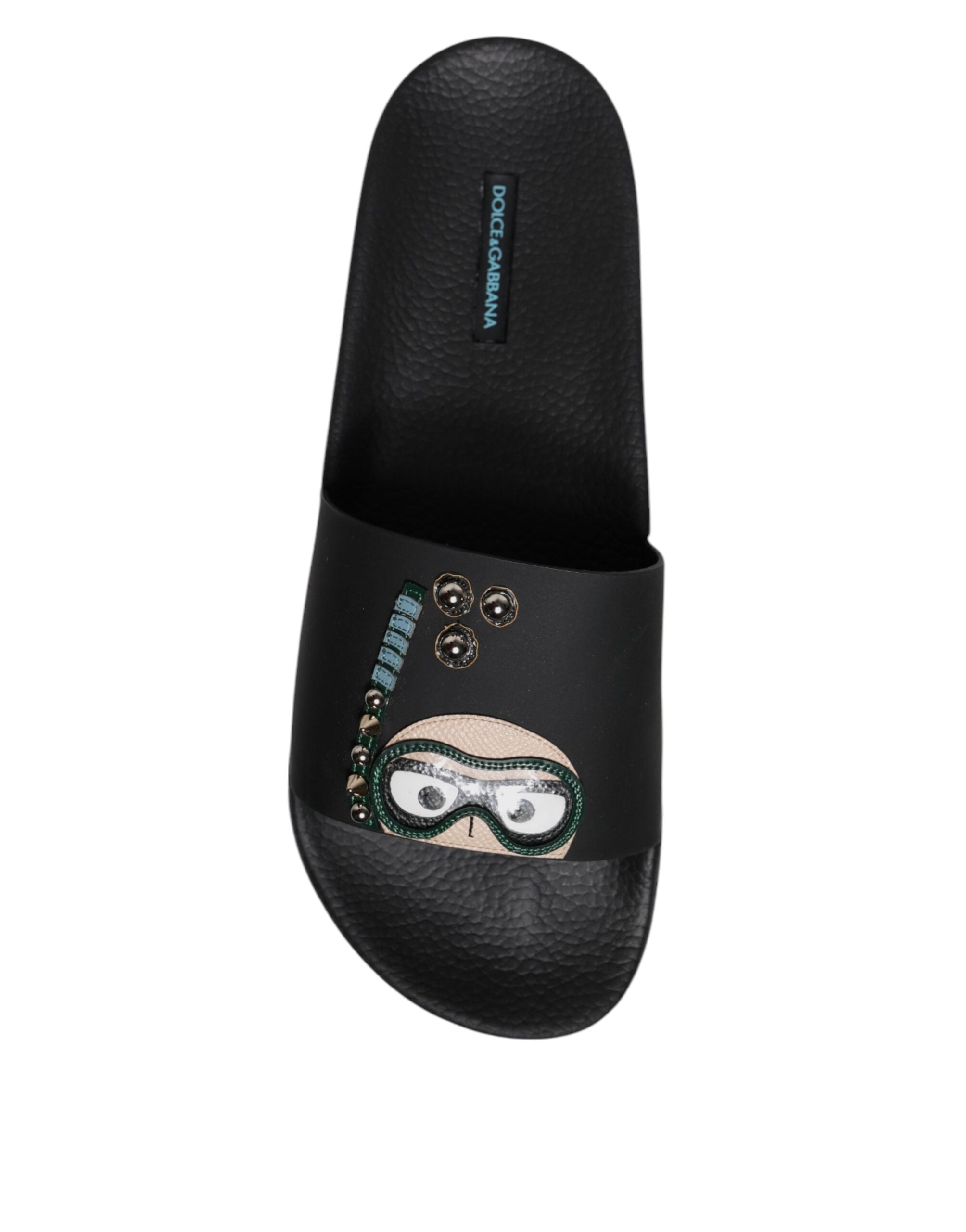 Dolce & Gabbana Schwarze Taucher Leder Flats Slides Sandalen Strandschuhe