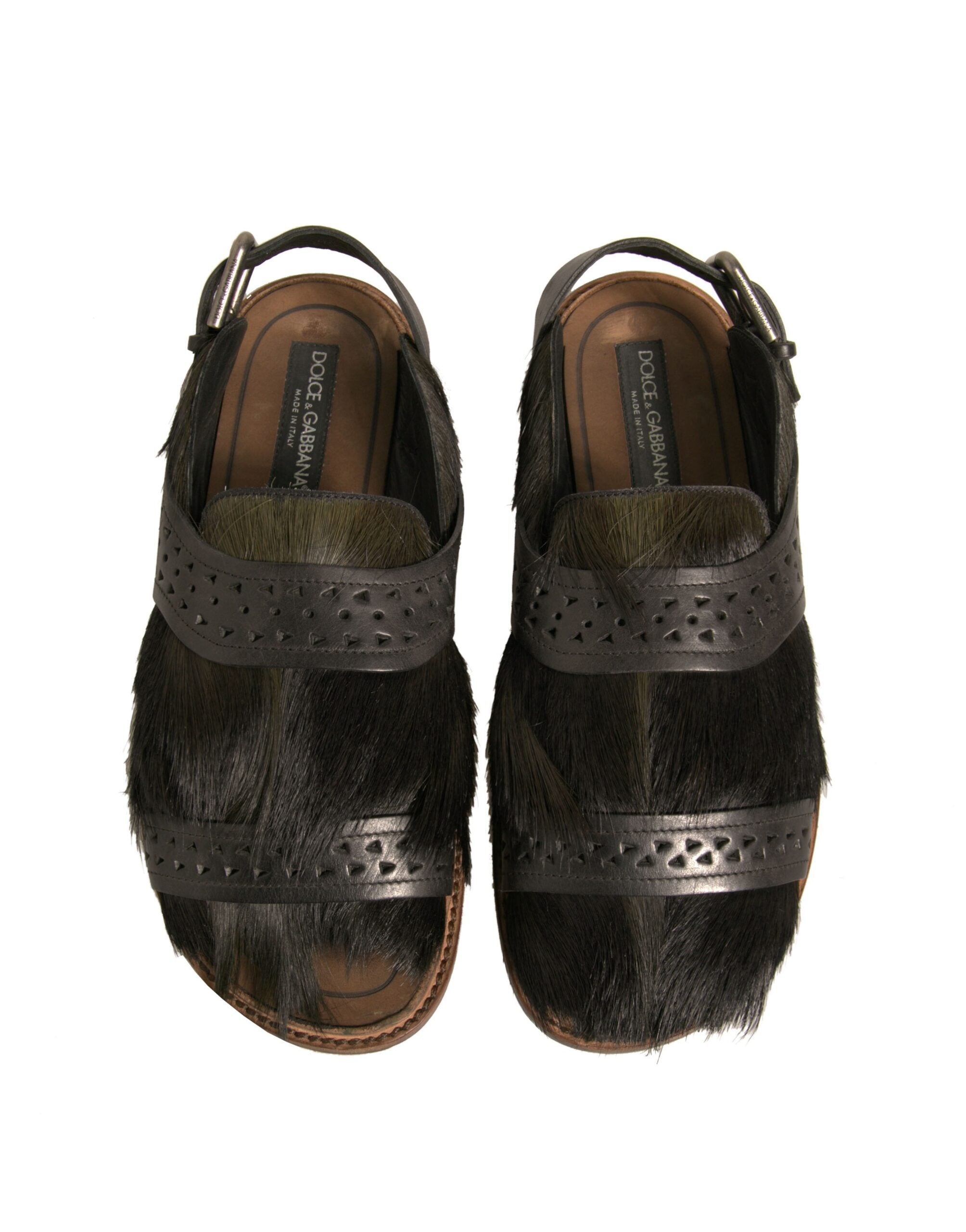 Sandale plate din piele cu păr Gazelle verde Dolce & Gabbana