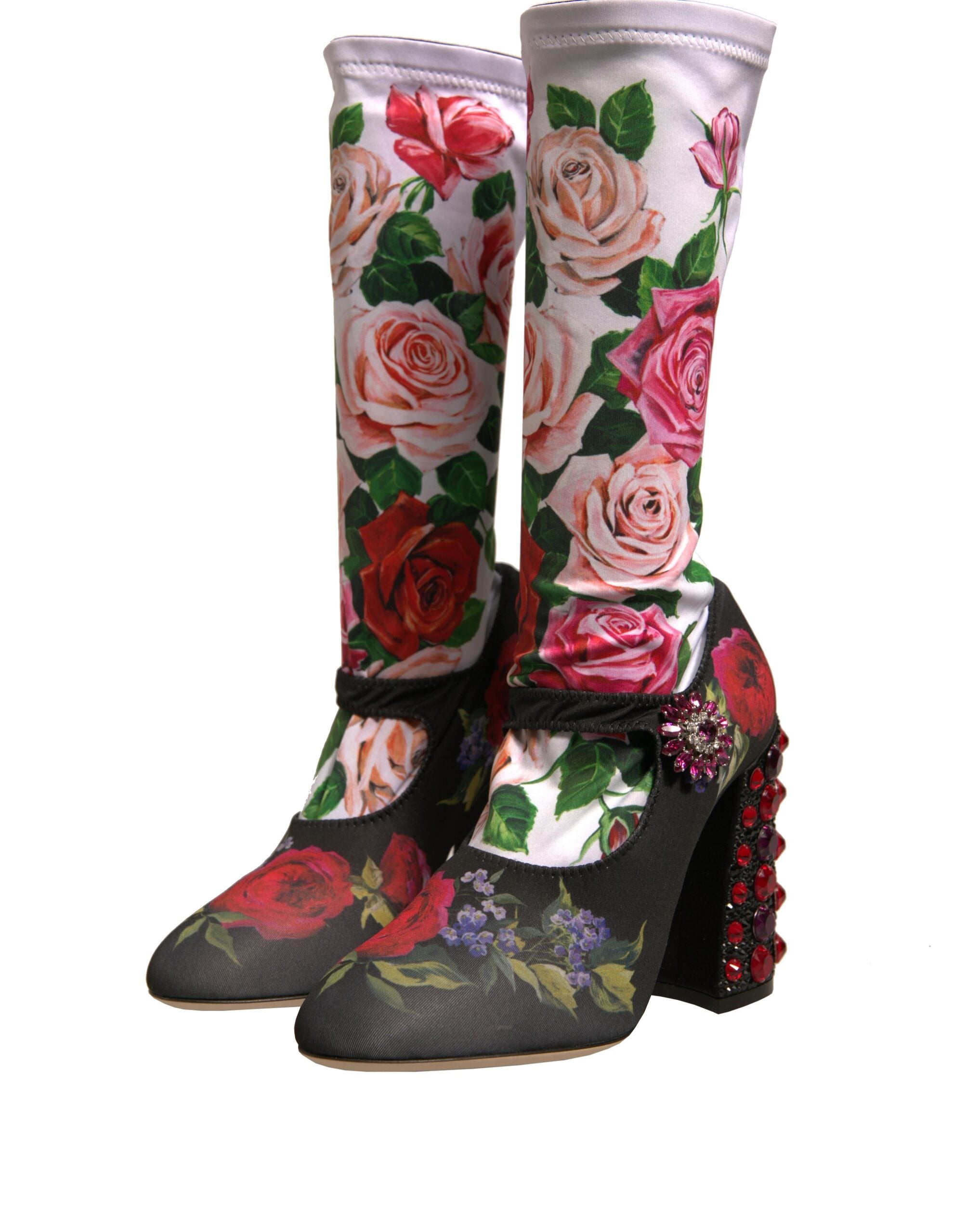 Dolce & Gabbana Schwarze Blumensocken Kristallstiefel Jerseyschuhe