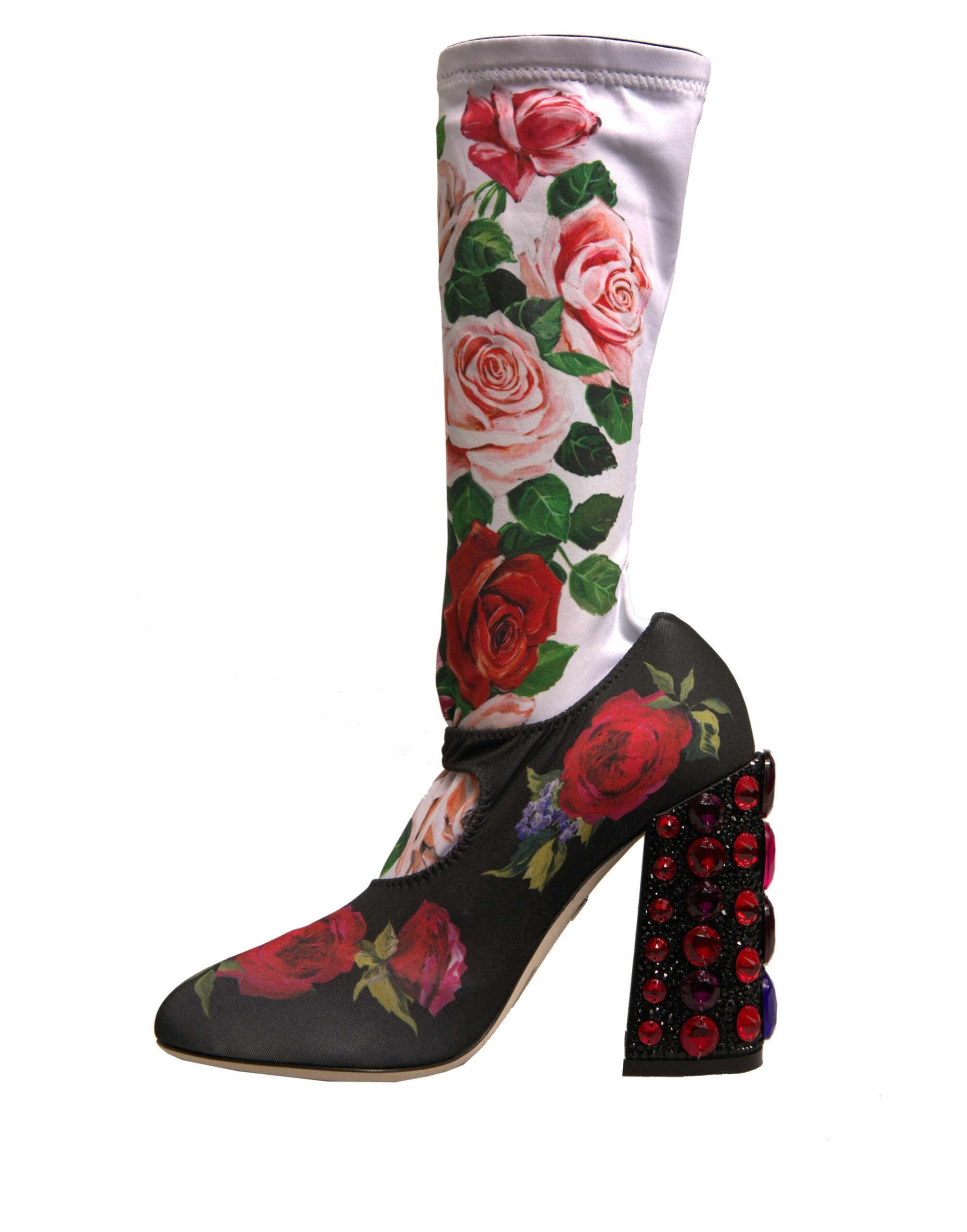 Dolce & Gabbana Schwarze Blumensocken Kristallstiefel Jerseyschuhe