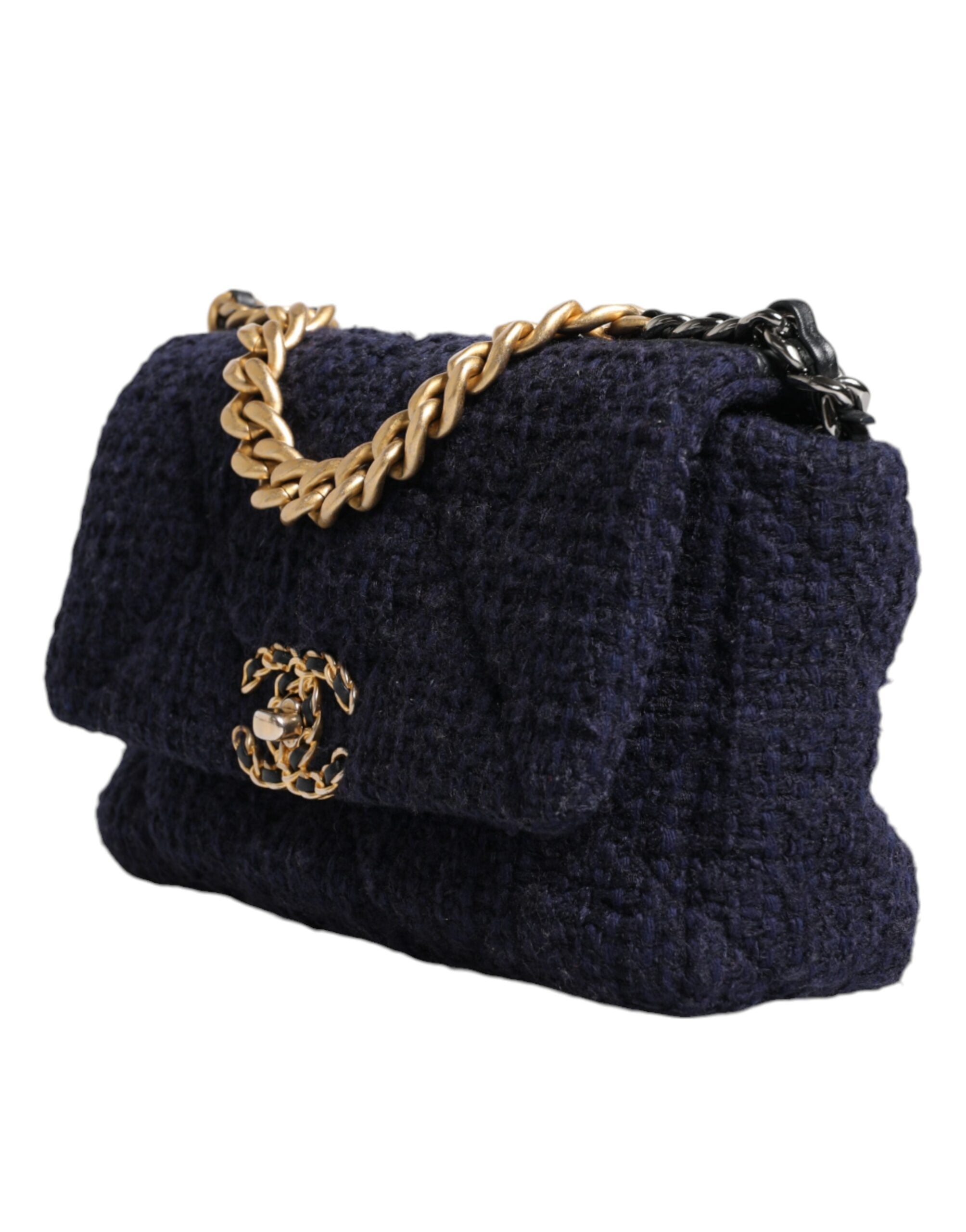Chanel Dunkelblaue CC-Umhängetasche aus Tweed mit mittlerer Klappe und goldgrauer Kette