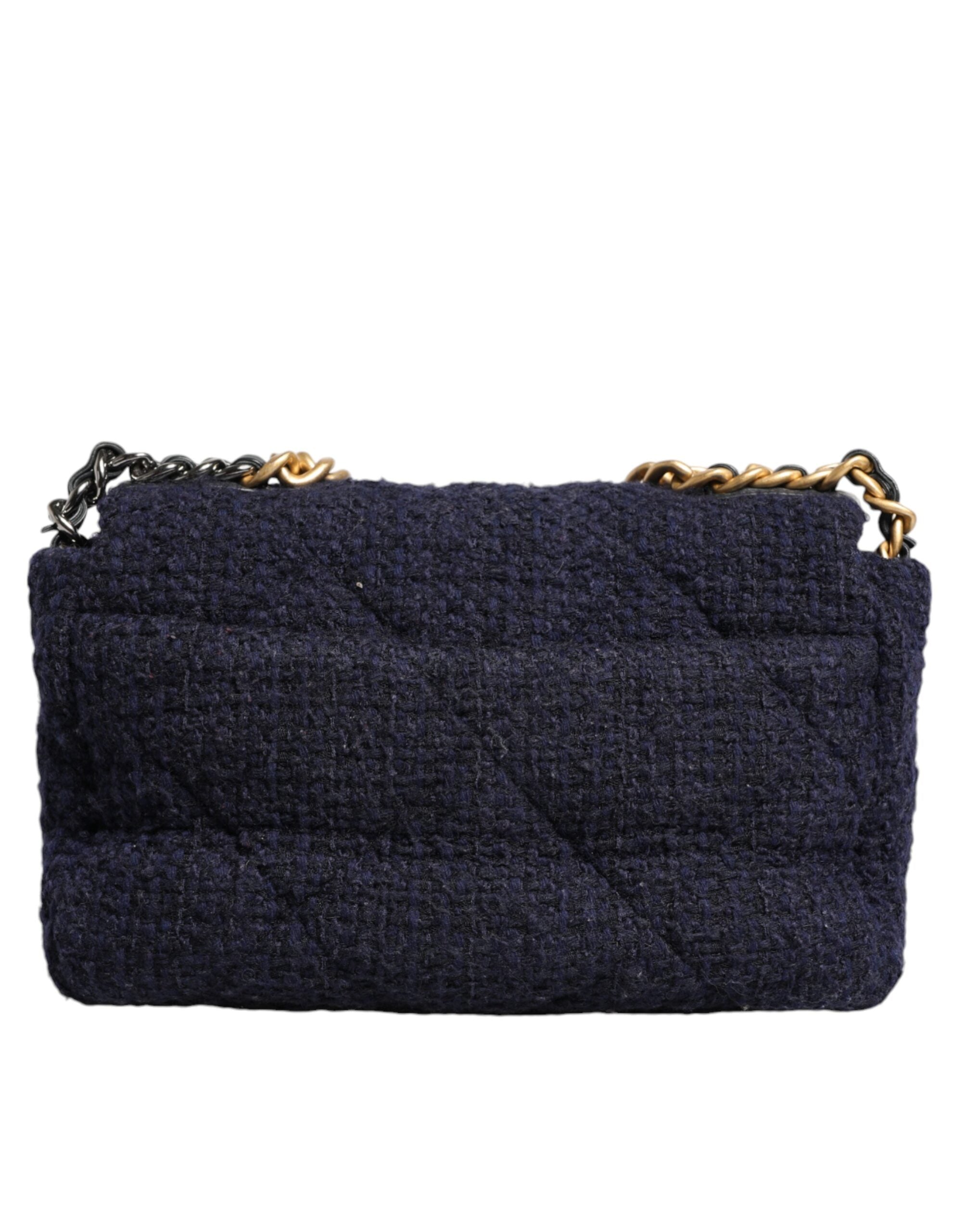 Chanel Dunkelblaue CC-Umhängetasche aus Tweed mit mittlerer Klappe und goldgrauer Kette