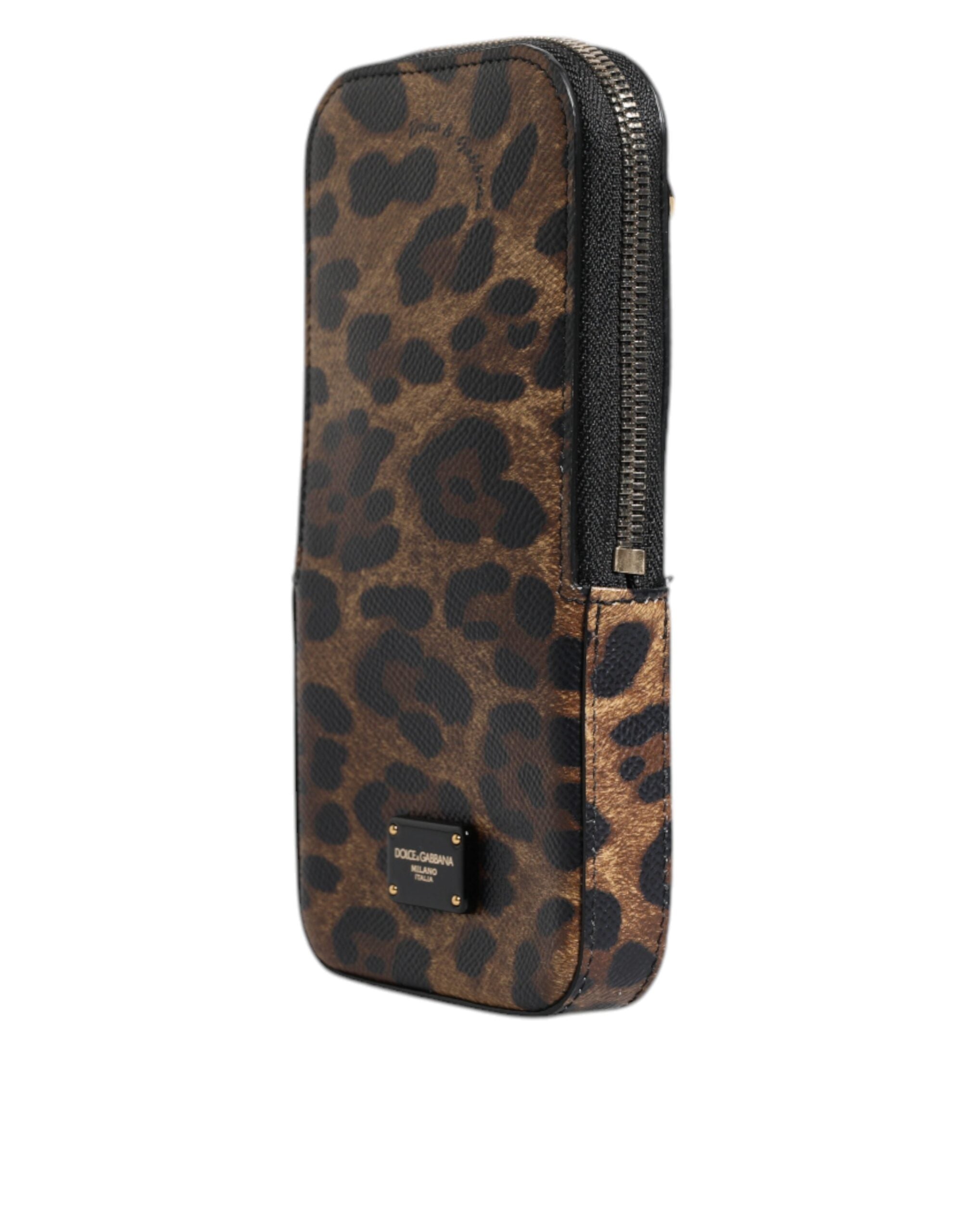 Portofel Dolce & Gabbana maro cu imprimeu leopard Dauphine din piele cu fermoar