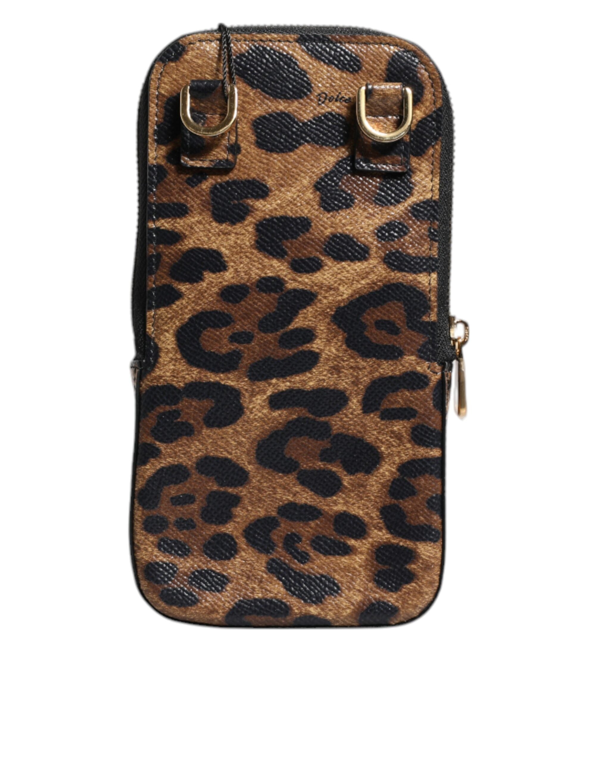 Portofel Dolce & Gabbana maro cu imprimeu leopard Dauphine din piele cu fermoar