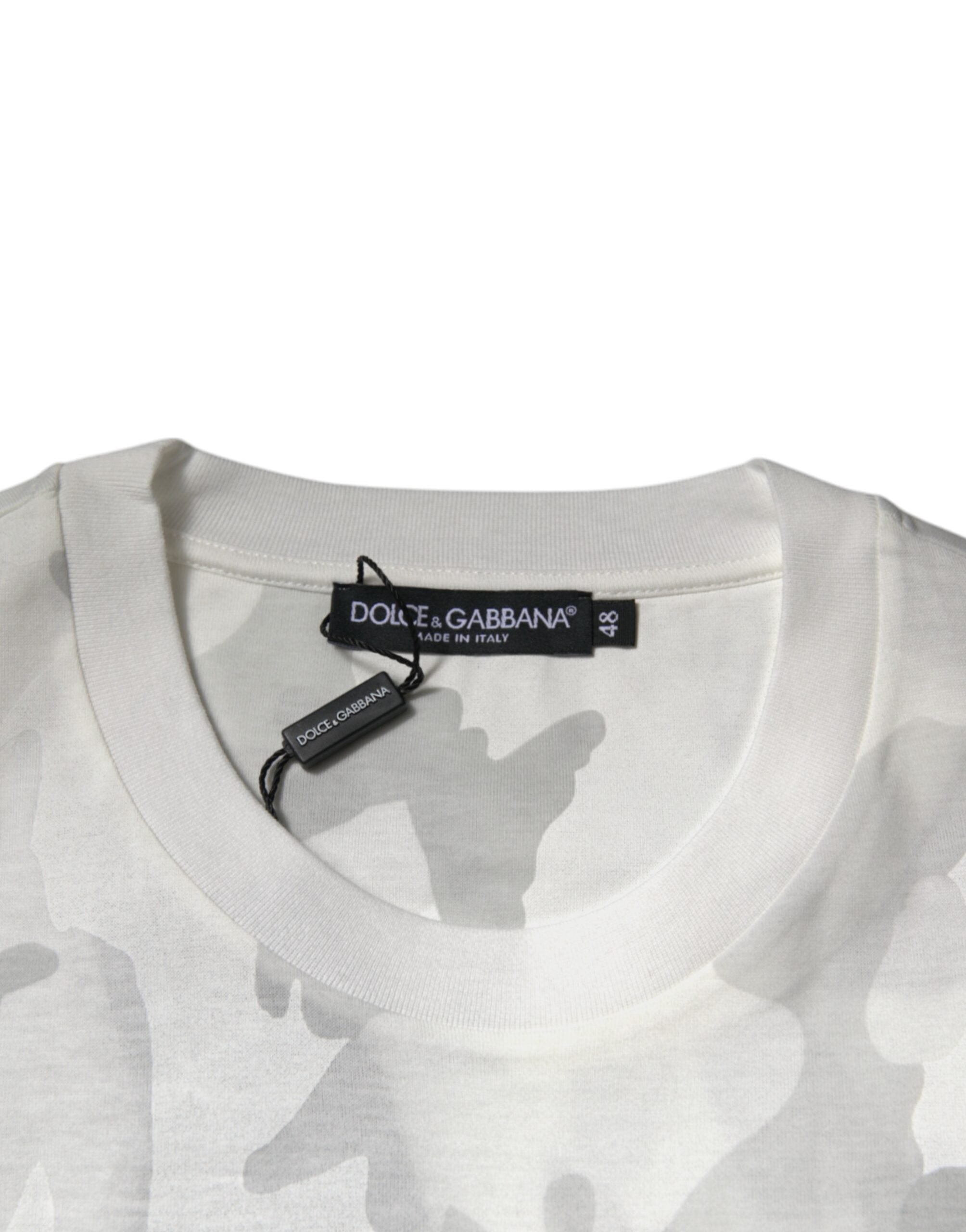 Dolce & Gabbana – T-Shirt aus Baumwolle mit Rundhalsausschnitt in Weiß und Grau mit Camouflage-Muster