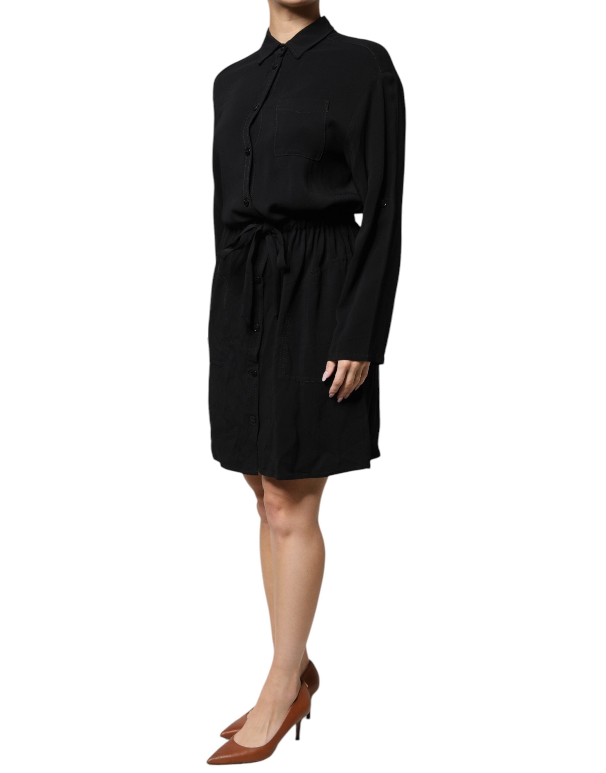 Rochie mini Emporio Armani neagră din viscoză, cu mâneci lungi, în formă de A