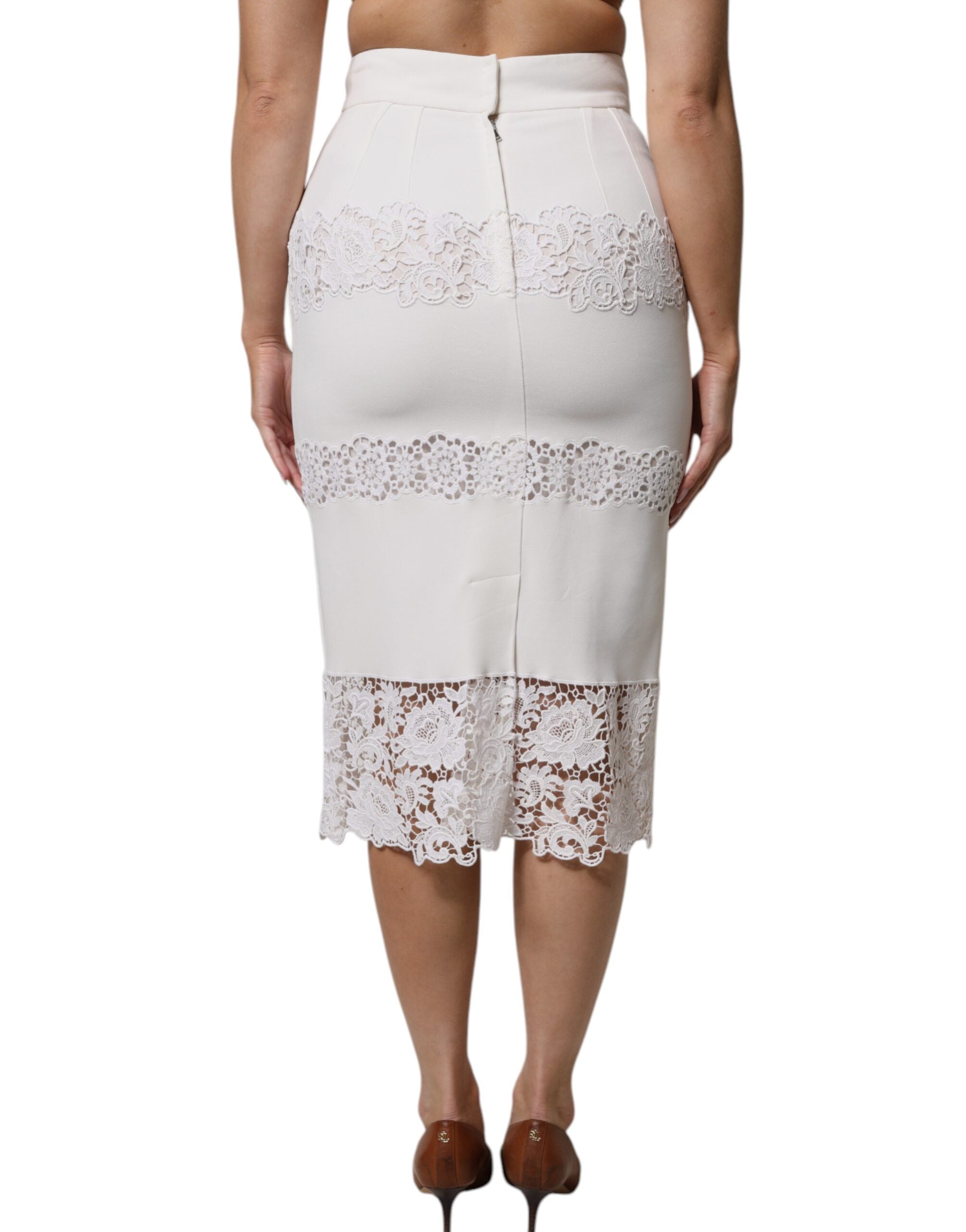 Dolce & Gabbana Weißer Bleistiftrock mit Blumenspitze und hoher Taille