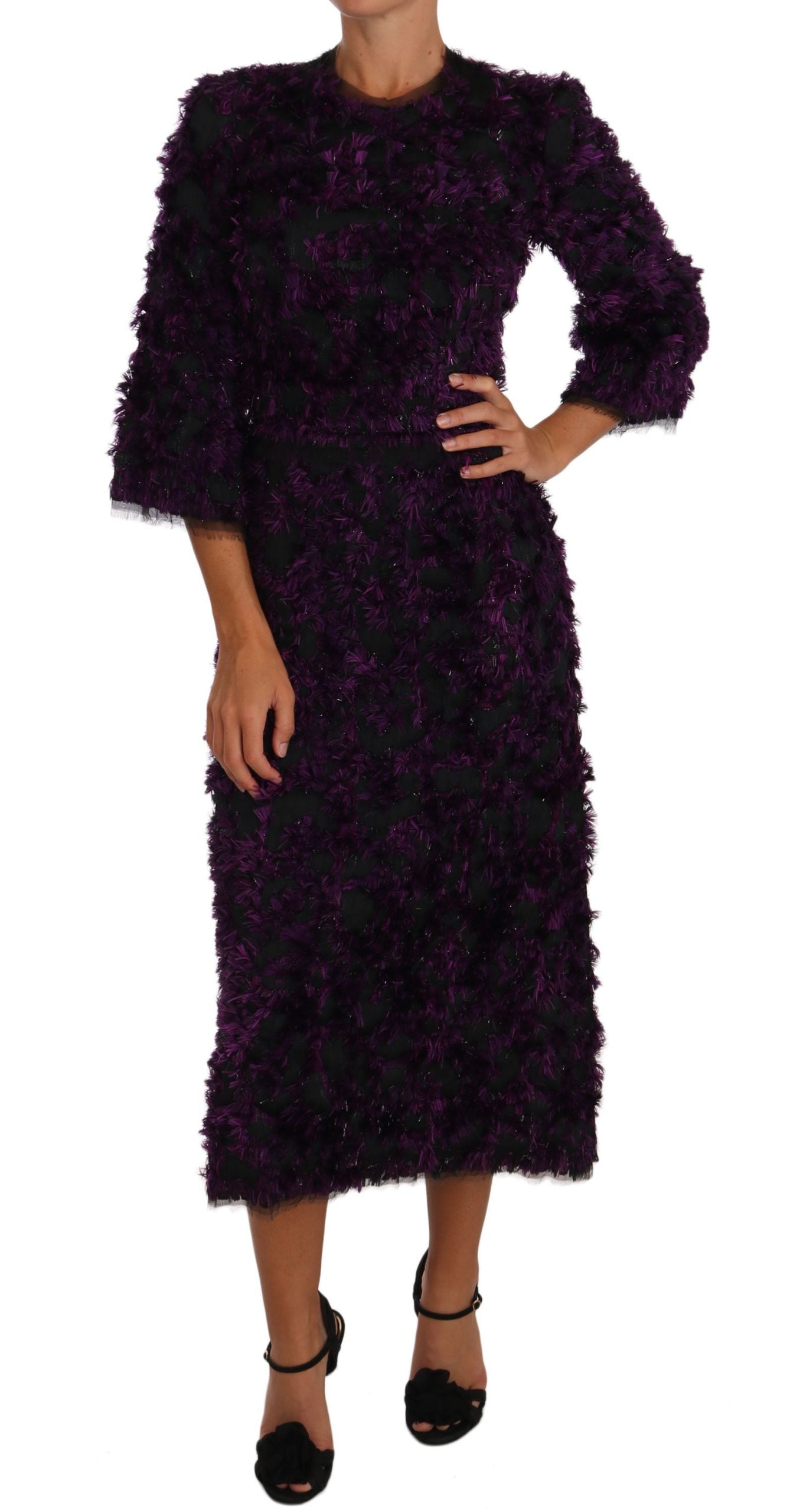 Dolce & Gabbana Elegantes Etuikleid mit Fransen in Lila und Schwarz