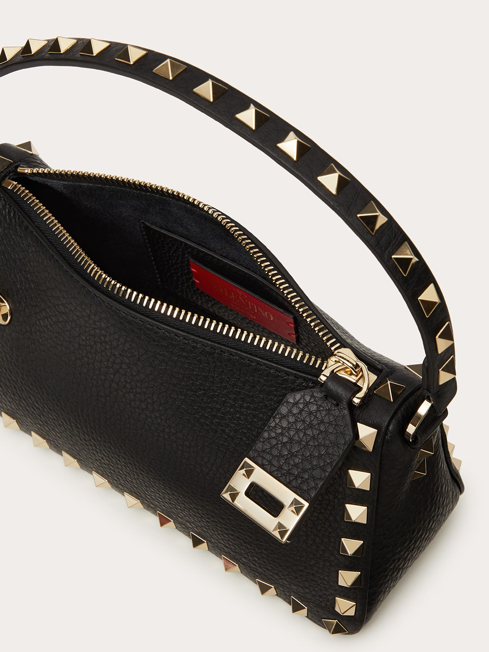 Geantă de umăr mică Valentino Garavani Rockstud din piele de vițel neagră granat