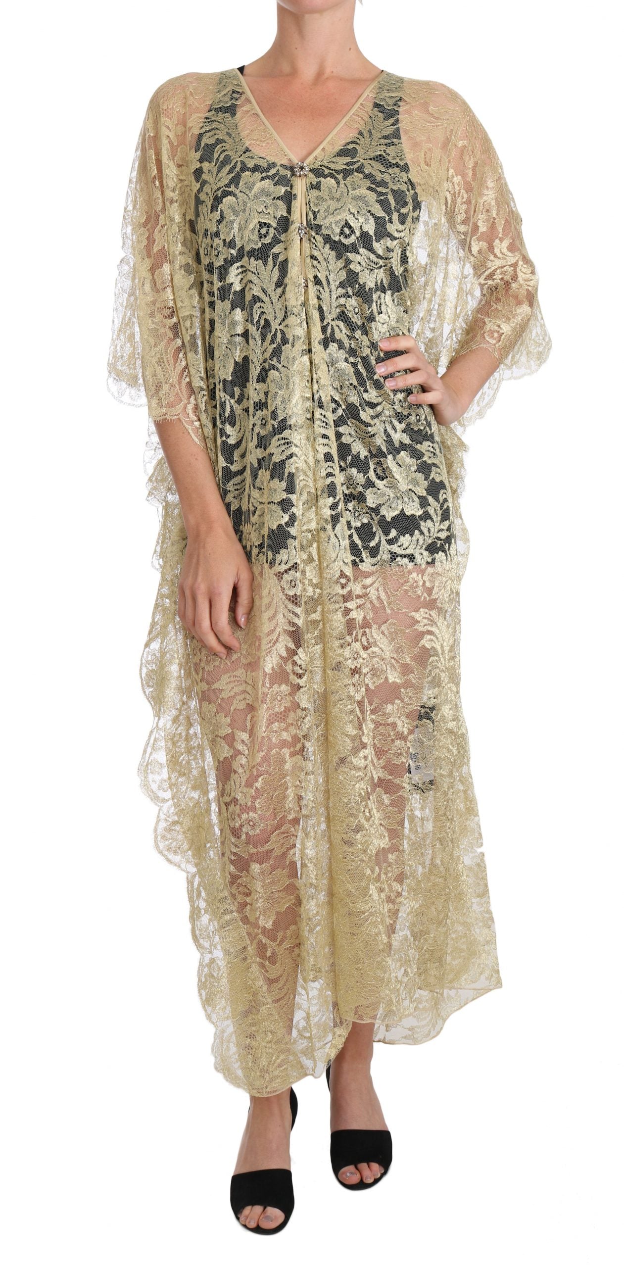 Dolce & Gabbana – Goldenes, florales Spitzen-Kaftan-Sommerkleid