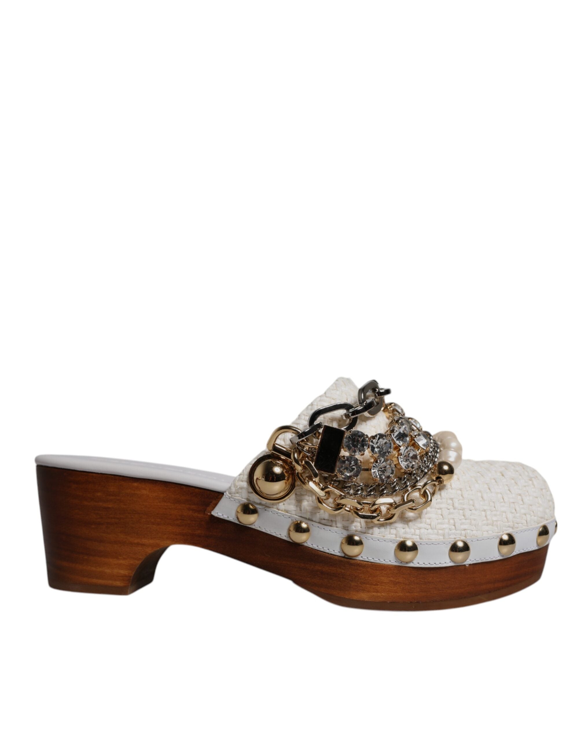 Sandale Dolce & Gabbana cu lanț și bijuterii, din rafie albă