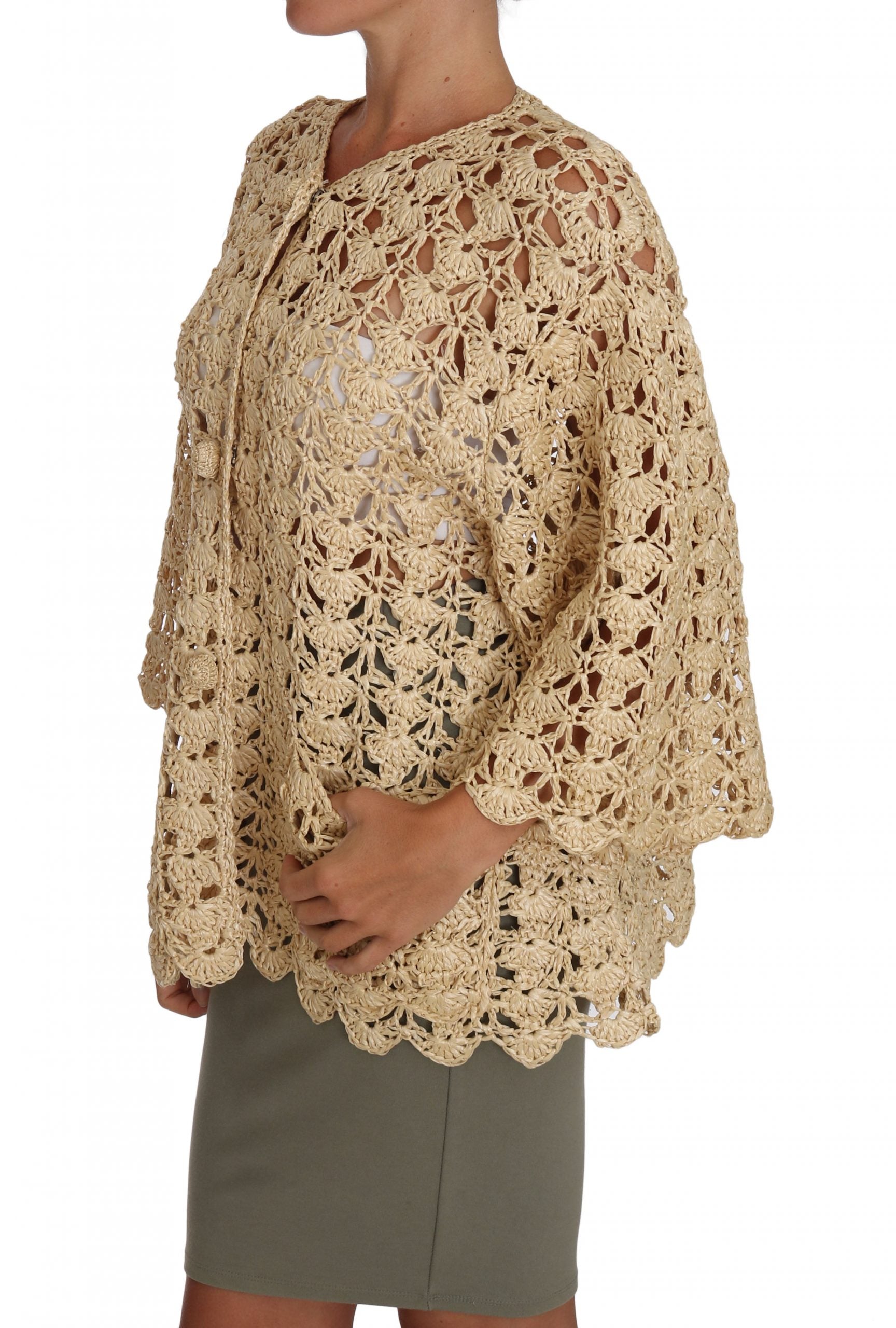 Dolce & Gabbana Schicke beige Häkel-Raffia-Strickjacke