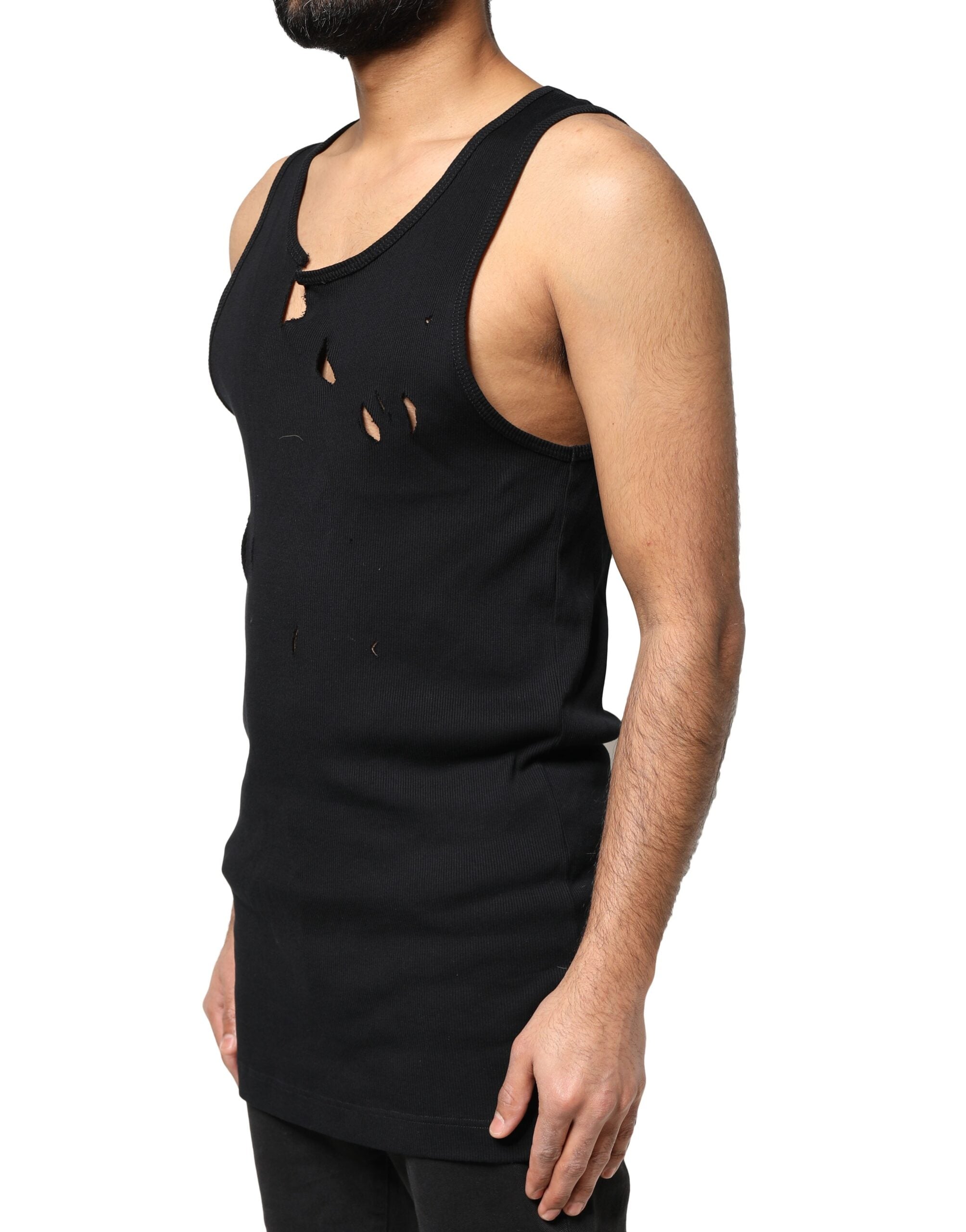 Dolce & Gabbana Tricou negru din bumbac, fără mâneci, stil Rip pentru bărbați